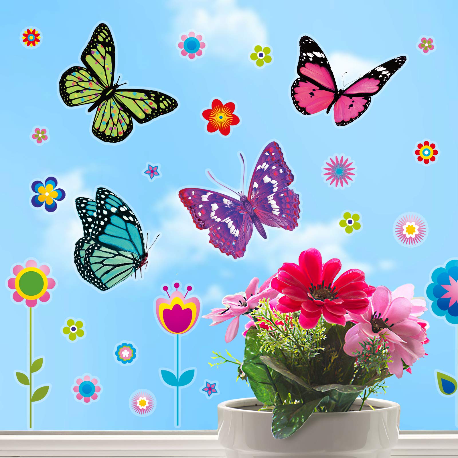 57-Piece Spring Flower Window Clings - Large Anti-Collision Butterfly & Flower Stickers for Glass Windows - Kids Safe Window Decals for Home, Office & Classroom Decor