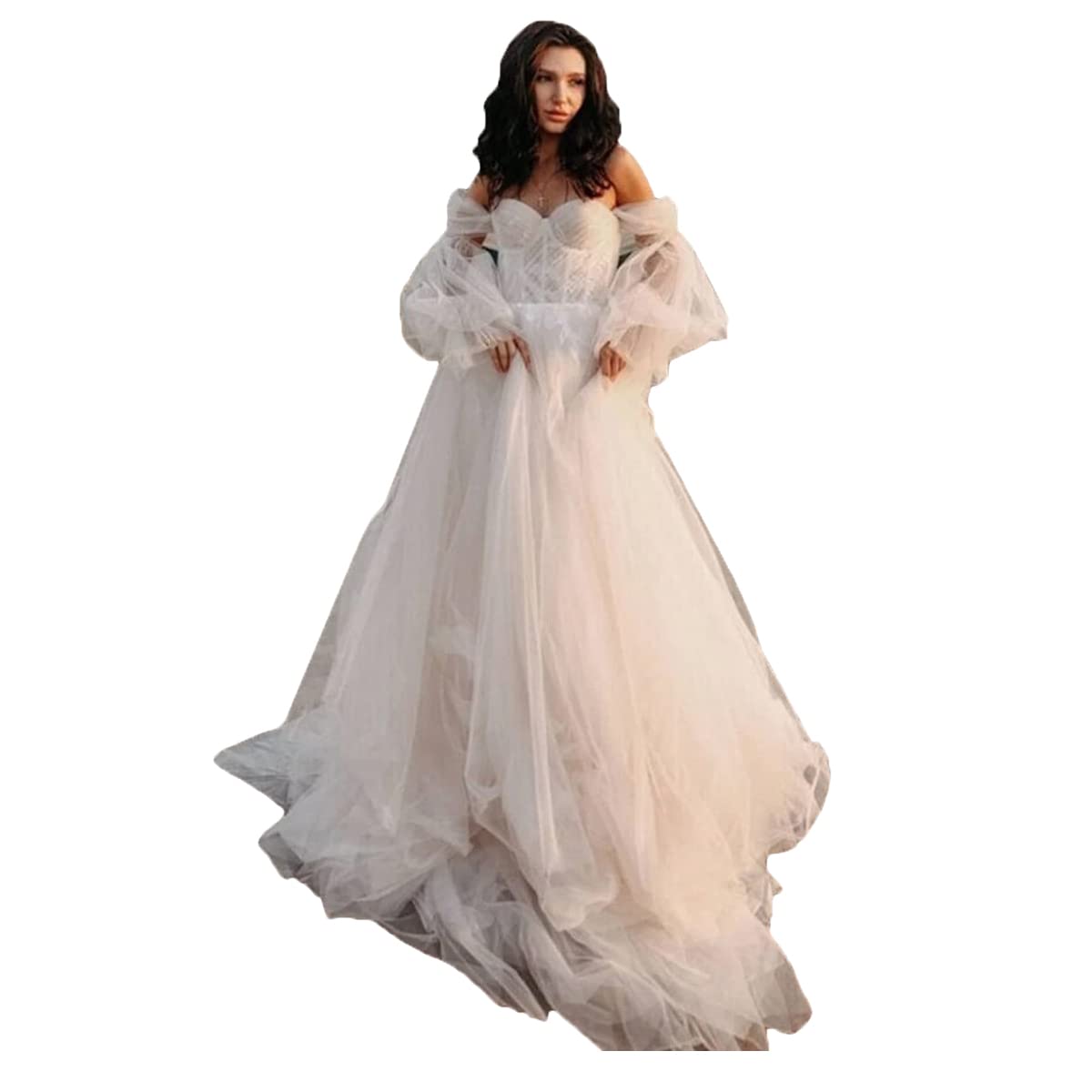 XYAYE Off The Shoulder Long Sleeve Lace Wedding Dress - Elegant Tulle Bridal Gown with Train for Bride | Perfect for Church Ceremony, Beach Wedding & Formal Reception