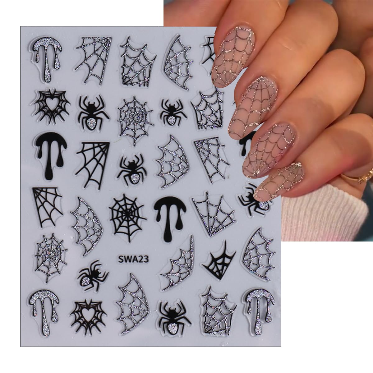 Spider Web Halloween Nail Stickers with Rhinestones - 6Pcs Red & Black Nail Art Decals for Women | Classic Halloween Manicure Accessories for Parties, Costume Events & Spooky Nail Designs