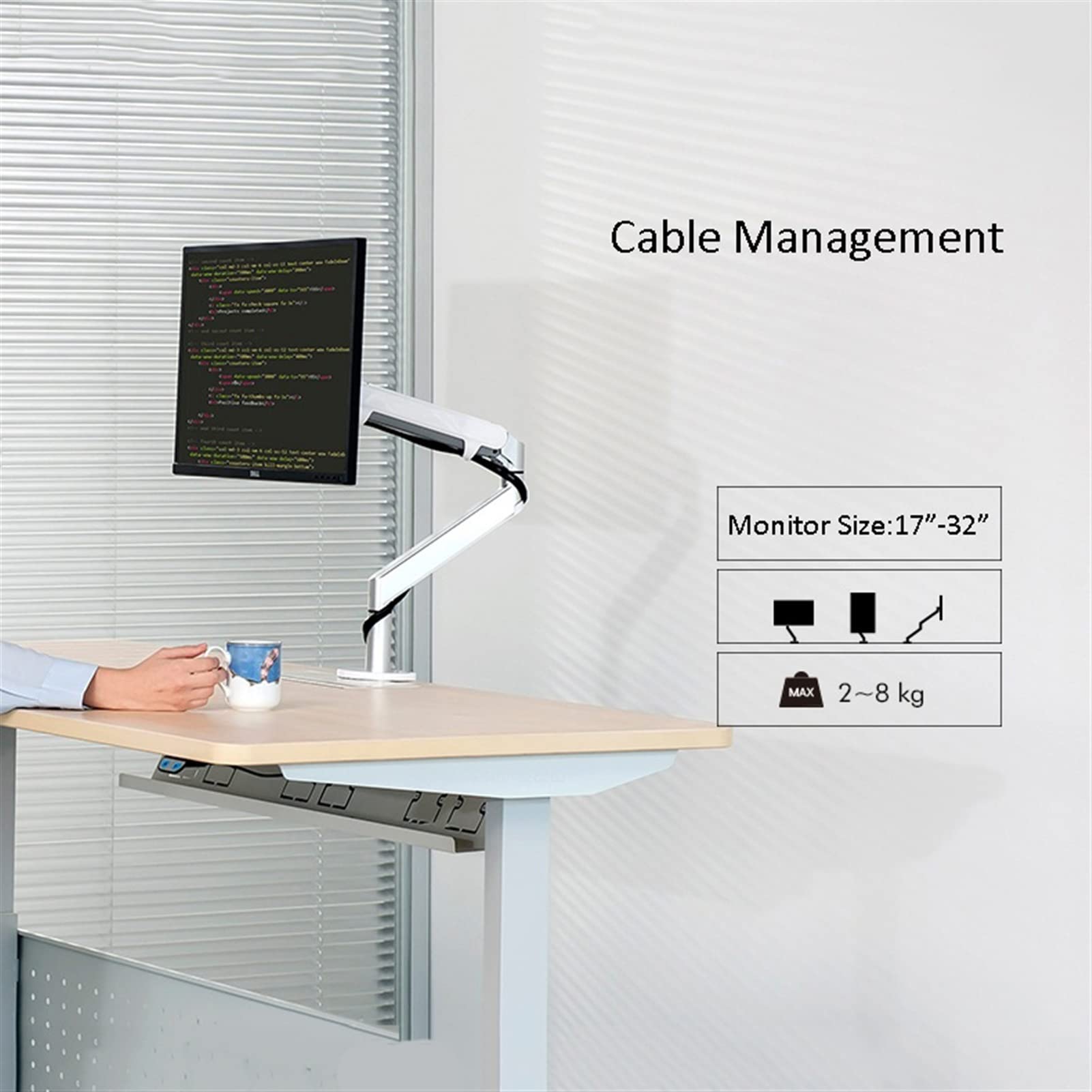 Adjustable Gas Spring Monitor Arm Stand for 17-32 Inch LCD LED Screens - Silver Gray Aluminum Single Monitor Mount Bracket - Perfect for Home Office, Gaming Setup & Workspace Ergonomics