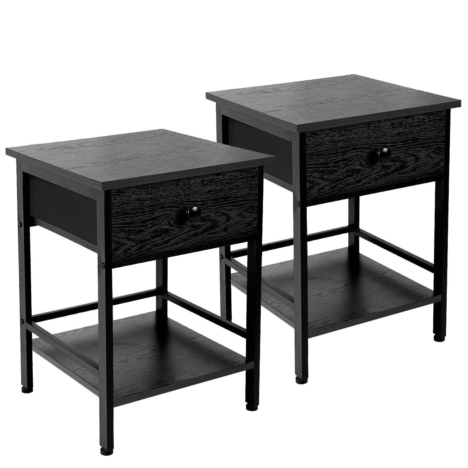 AMHANCIBLE Black Nightstands Set of 2 - Industrial Style End Tables with Fabric Drawer & Storage Shelf, Wood & Metal Accent Bedside Tables for Bedroom & Living Room - Easy Assembly Home Furniture for Small Spaces, Apartments & Dorm Rooms