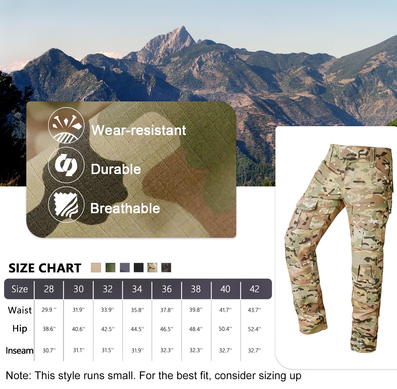 Men's Tactical Camo Cargo Pants - Ripstop Outdoor Hiking & Work Pants with Multiple Pockets (No Belt/Kneepad) - Perfect for Hunting, Airsoft & Adventure Activities