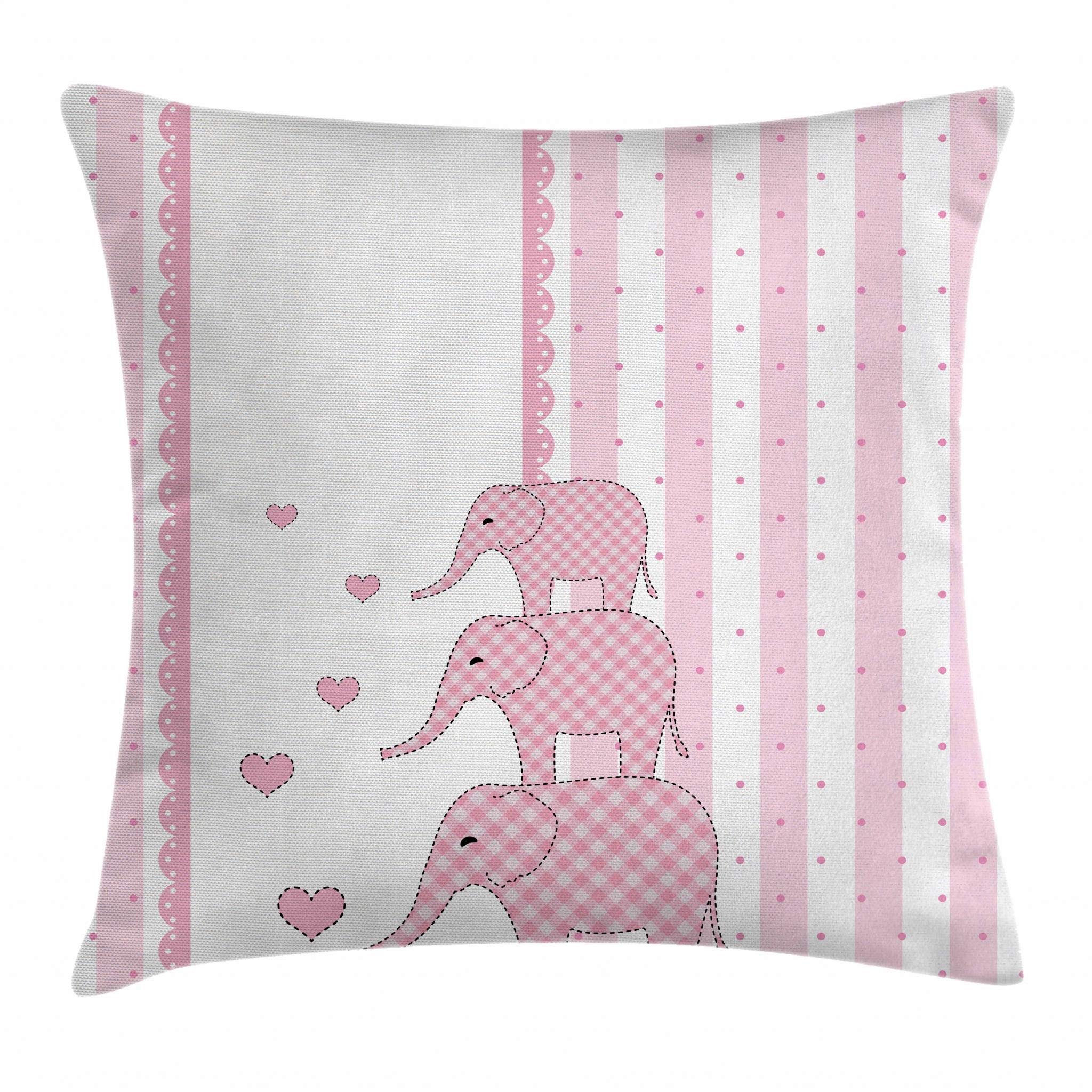 Ambesonne Animal Cartoon Throw Pillow Cover 36x36 Inches - Vertical Striped Retro Design with Hearts & Animals - Decorative Square Cushion Case in Pale Pink & White - Perfect for Living Room, Bedroom Sofa Decor