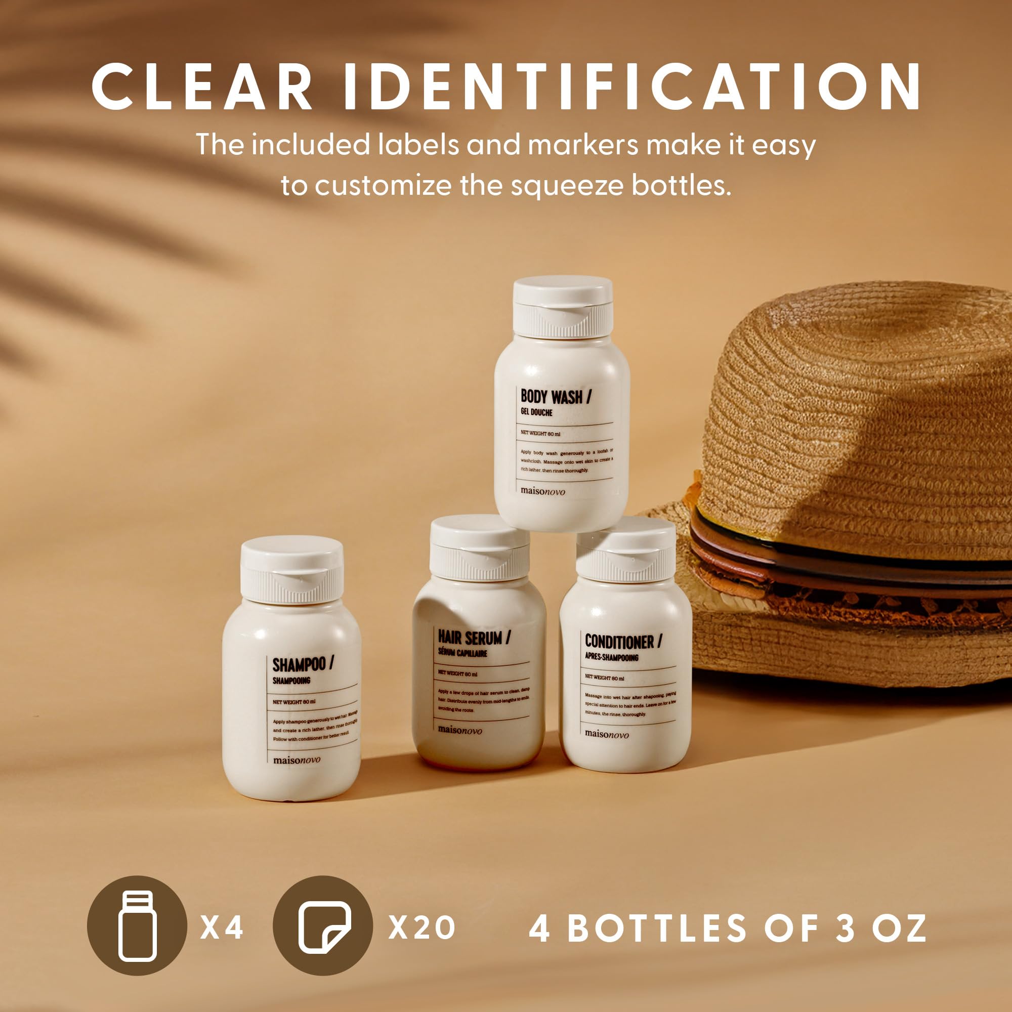 MAISONOVO TSA Approved Leak Proof Travel Bottles for Toiletries - 3oz Refillable Travel Size Containers with Waterproof Toiletry Bag | Perfect for Airplane Carry-on, Gym, Camping & Vacation Essentials