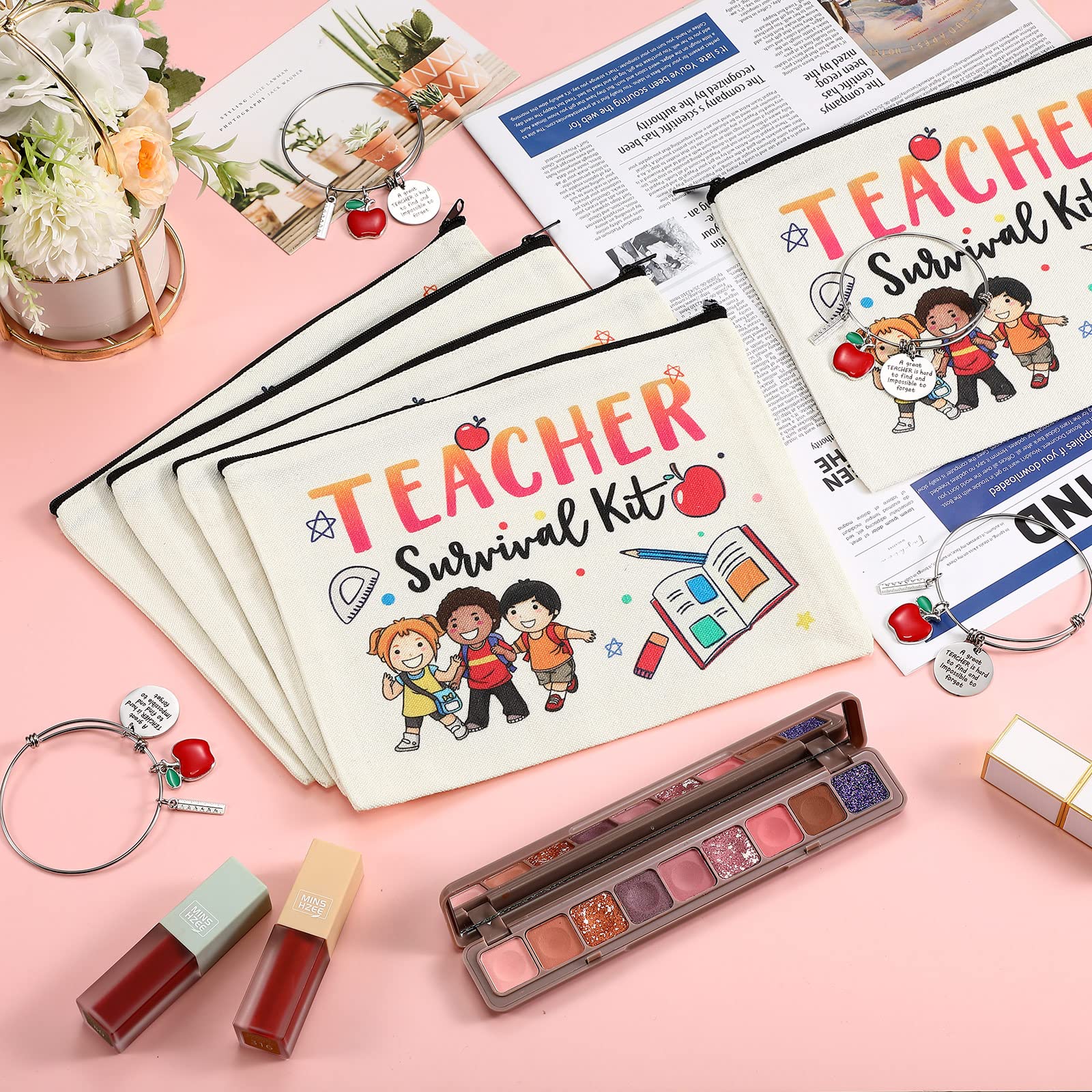 8 Pcs Teacher Gift Set - Cosmetic Bags & Bracelets for Women | Christmas, Valentines, Thank You Gifts | School, Office Use