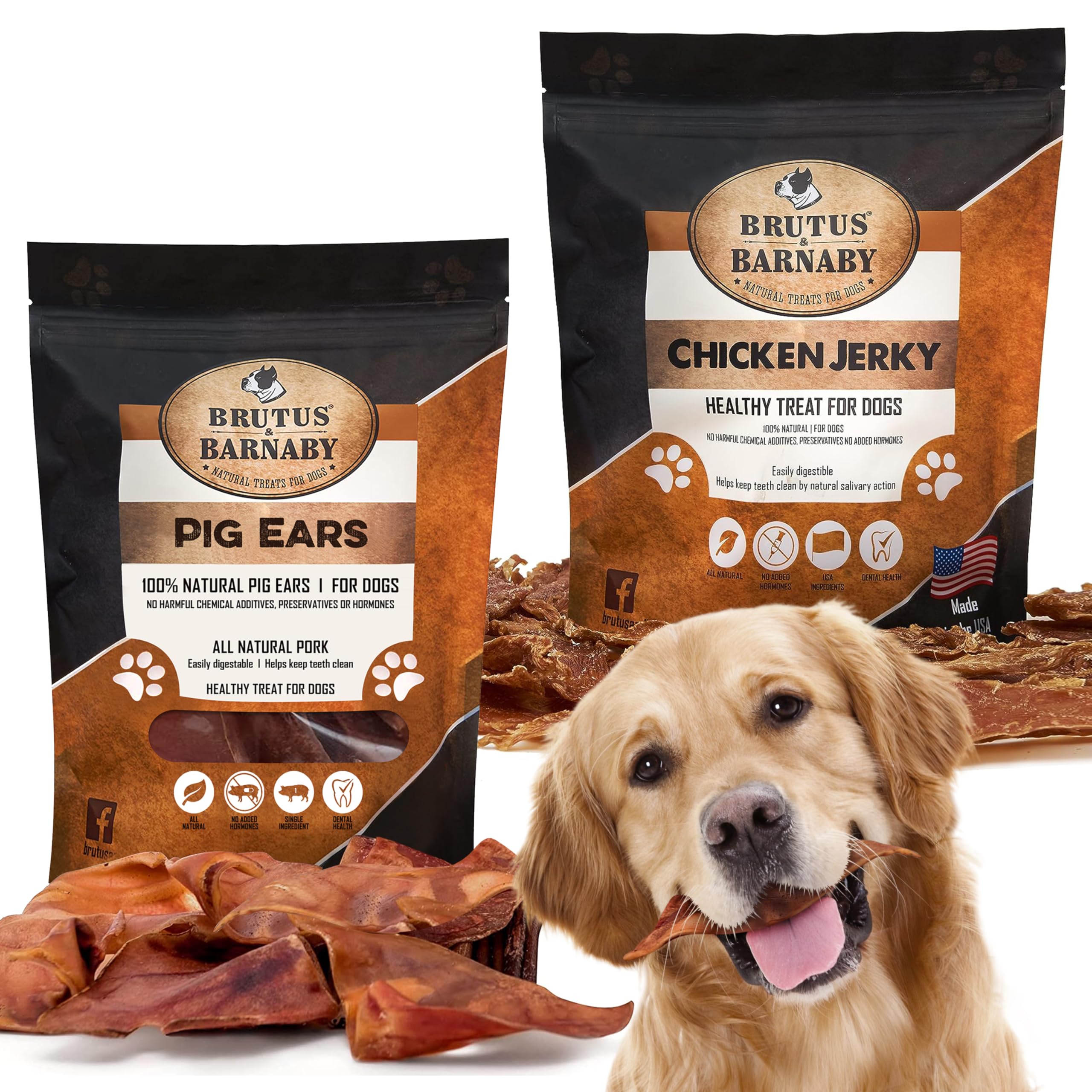 BRUTUS & BARNABY Natural Whole Pig Ear Dog Chews + USA Made Chicken Jerky Dog Treats | High Protein Training Rewards & Dental Health Snacks for Puppies & Adult Dogs