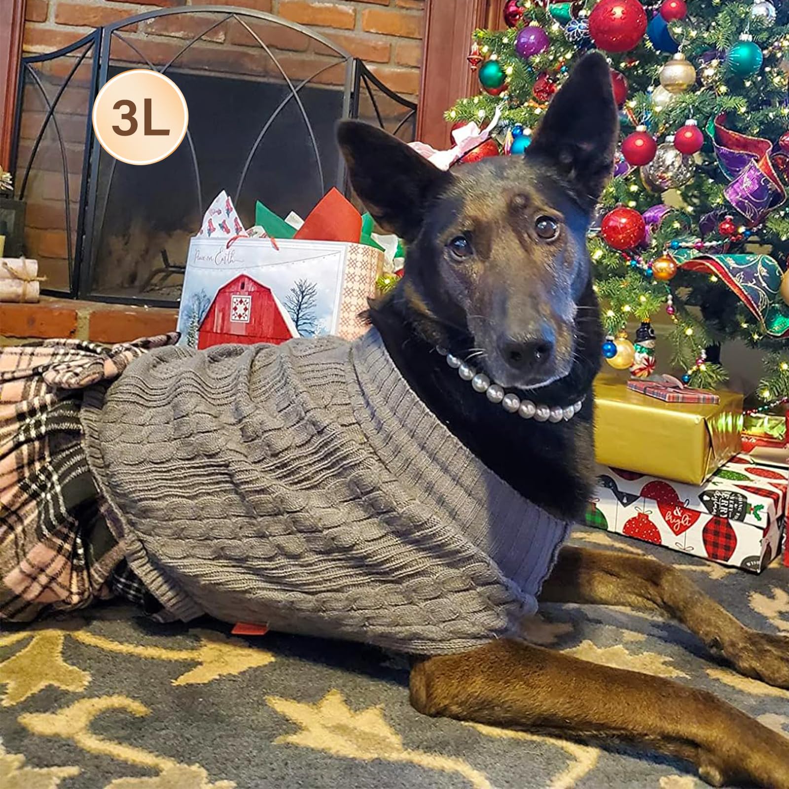 KYEESE Large Dog Sweater with Bowtie - Soft Checkered Turtleneck Pet Sweater for Big Dogs | Warm Winter Dog Clothes & Coats | Perfect for Outdoor Walks & Holiday Photos (Grey, Size 3L)
