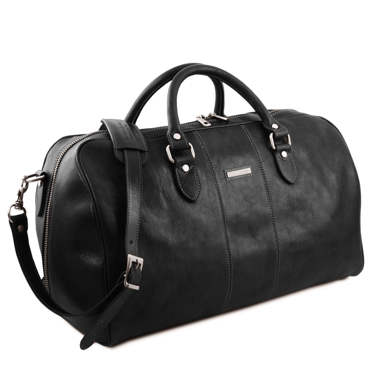Premium Tuscany Leather Lisbona Travel Duffle Bag - Large Size Carry-On Luggage - TL141657 (Black) - Perfect for Business Trips, Weekend Getaways & Gym Use