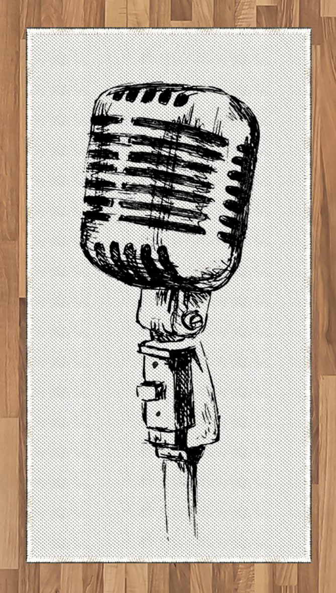 Hand Drawn Monochrome Old Microphone Music Area Rug - Flat Woven Accent Rug for Living Room, Bedroom, Dining Room - 2'6