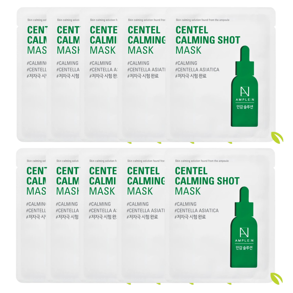 AMPLE:N Centel Calming Shot Mask - 10 Sheet Pack (25ml Each) | Hydrating & Soothing Facial Mask for Sensitive Skin | Perfect for Daily Skincare Routine & Relaxation