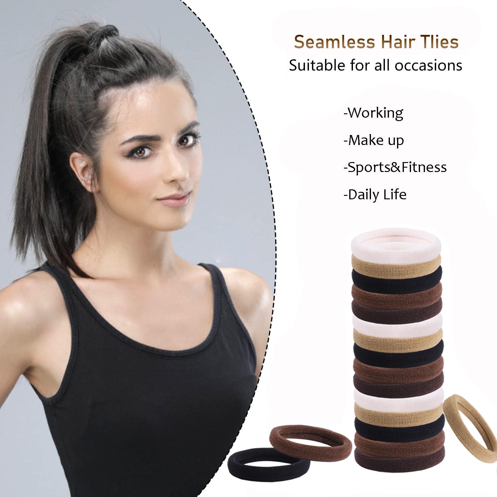 100 Pack Seamless Cotton Hair Ties for Women - No Damage Brown Hair Bands, Strong Stretch Ponytail Holders for Thick Hair - Perfect for Workouts, Yoga, Office & Everyday Use (Brown)