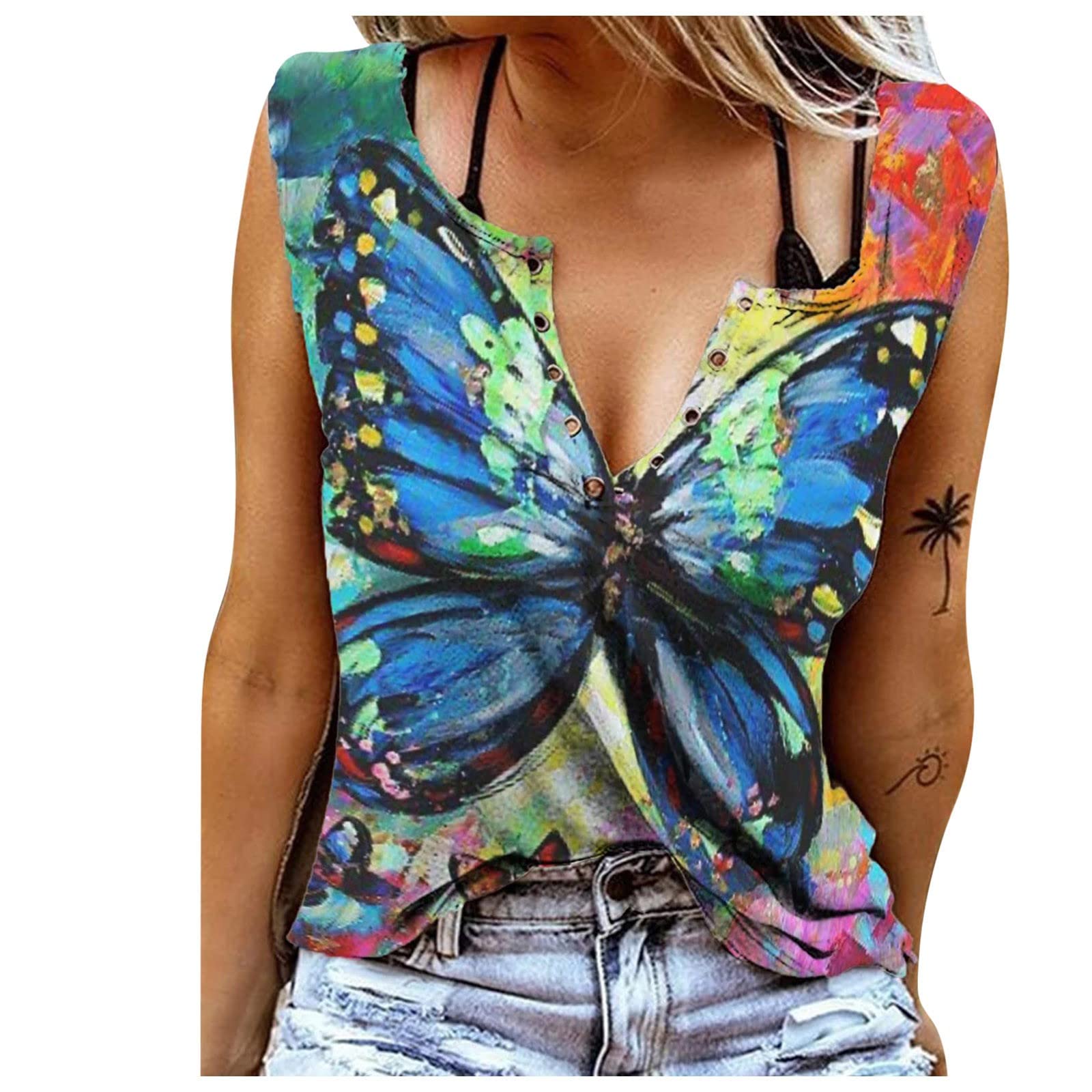 Women's Sexy V-Neck Tie Dye Sleeveless Tank Tops - Summer Casual T-Shirts with Ring Hole Design | Perfect for Beach, Music Festivals & Country Outings