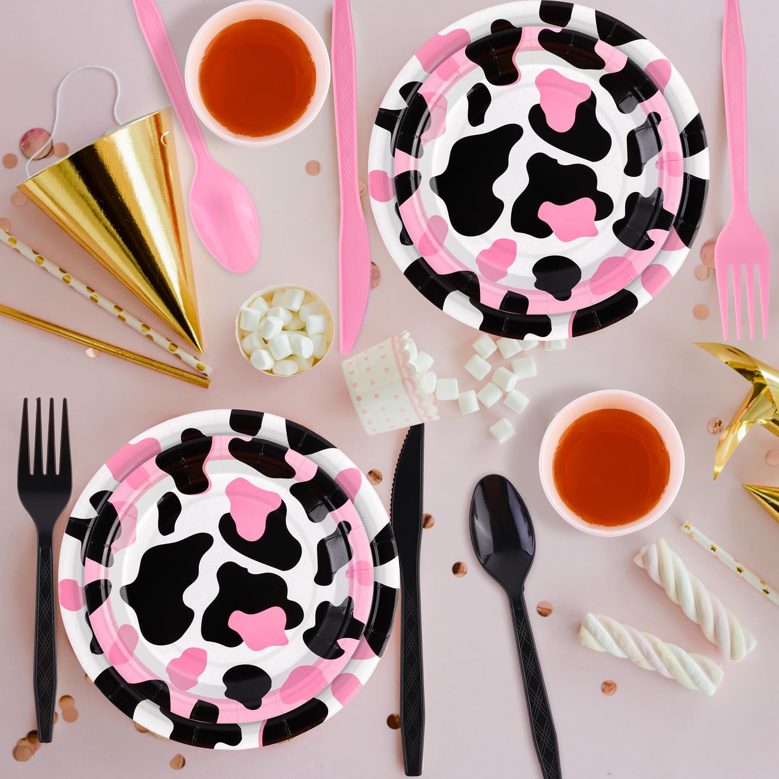 210-Piece Pink Cow Print Tableware Set - Plates, Cups, Napkins, Forks, Spoons & Knives for Cowgirl Party, Baby Shower, Farm Birthday - Serve 30 Guests - Perfect for Western Themed Events, Kids Birthday Parties & Farmhouse Decorations