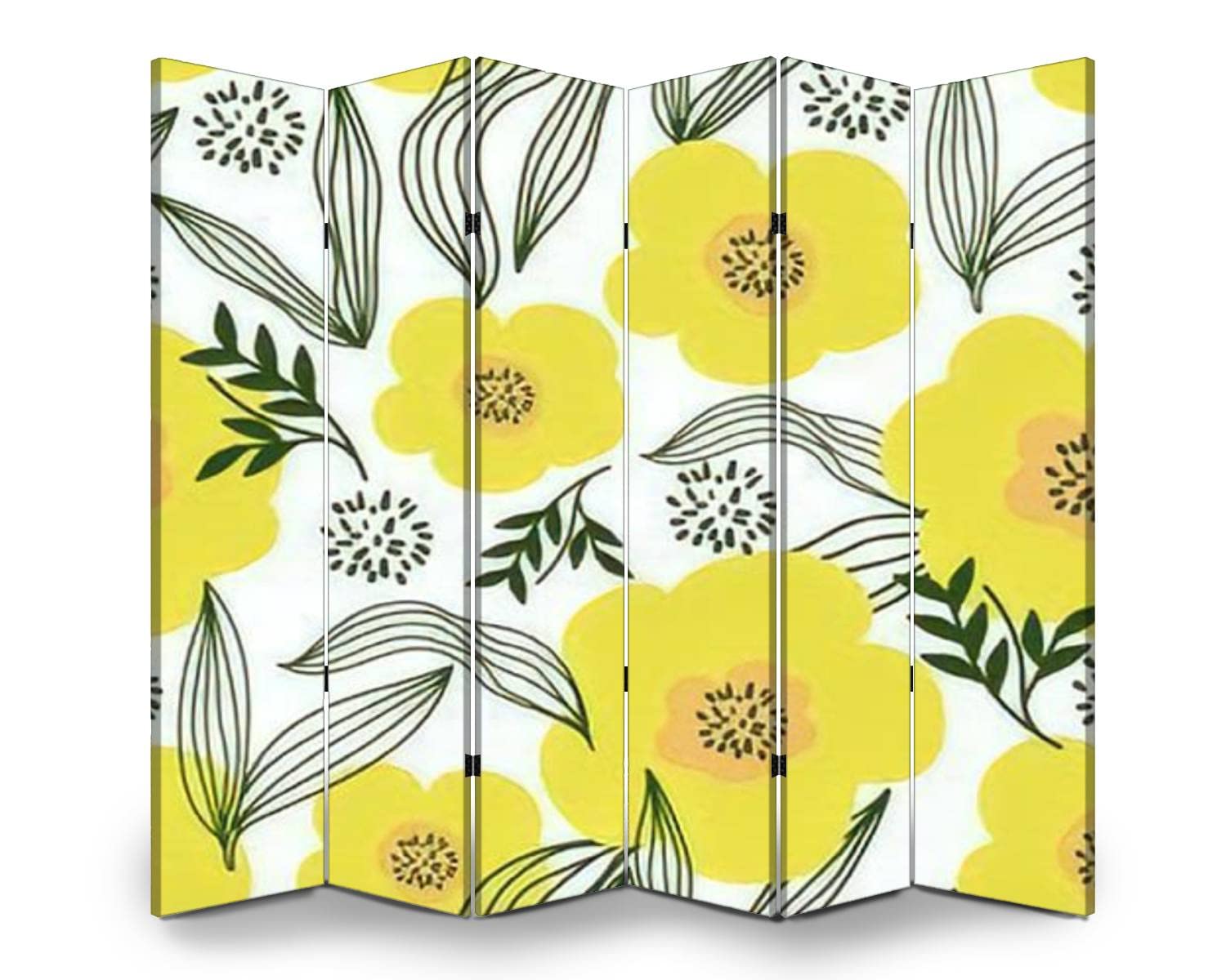 Modern Scandinavian Wood Screen Room Divider - 6 Panel Folding Privacy Partition with Dual-Sided Canvas Design | Flower Seamless Pattern for Home Office, Bedroom Separation & Indoor Display Shelves