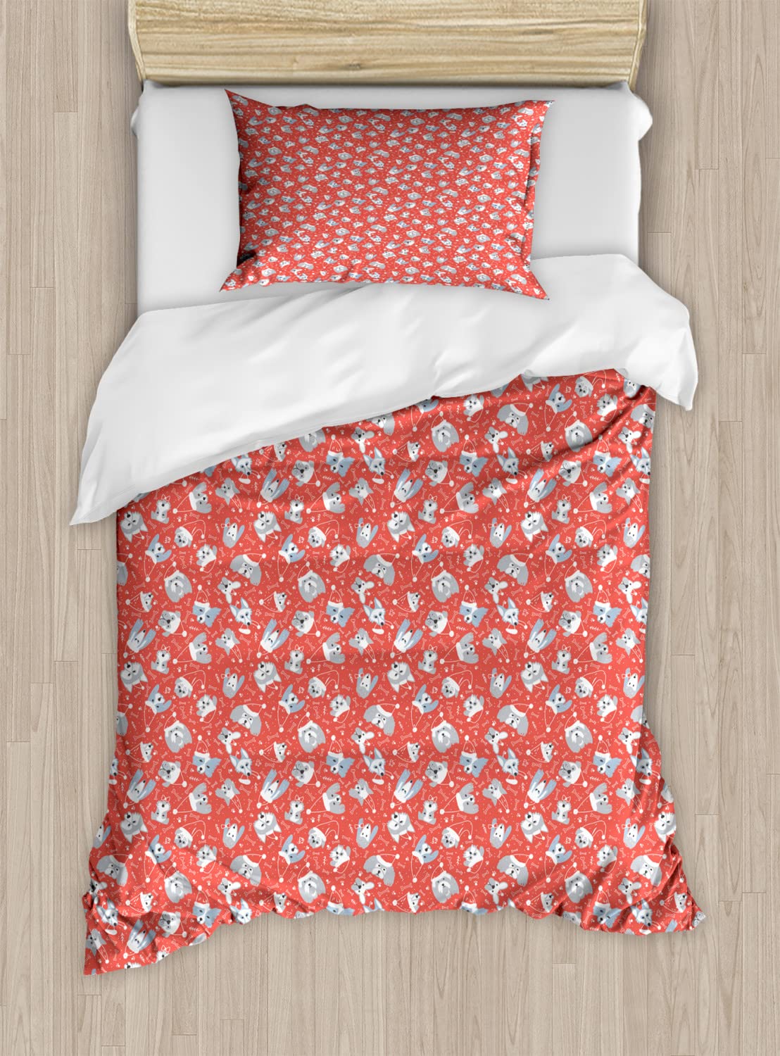 Ambesonne Christmas Dog Duvet Cover Set - 2 Pack Twin Size with Santa Hat Dog Pattern, Dark Coral & Pale Grey - Cozy Holiday Bedding for Winter & New Year Decor