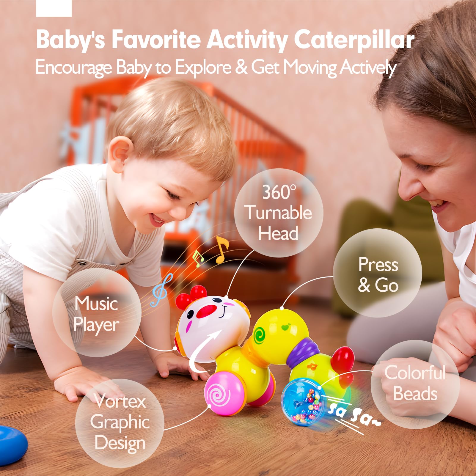 CubicFun Musical Light-Up Crawling Baby Toy - Interactive Press & Go Infant Toy for 6-12 Months Boys & Girls - Perfect for Tummy Time, First Birthday Gifts & Easter Presents