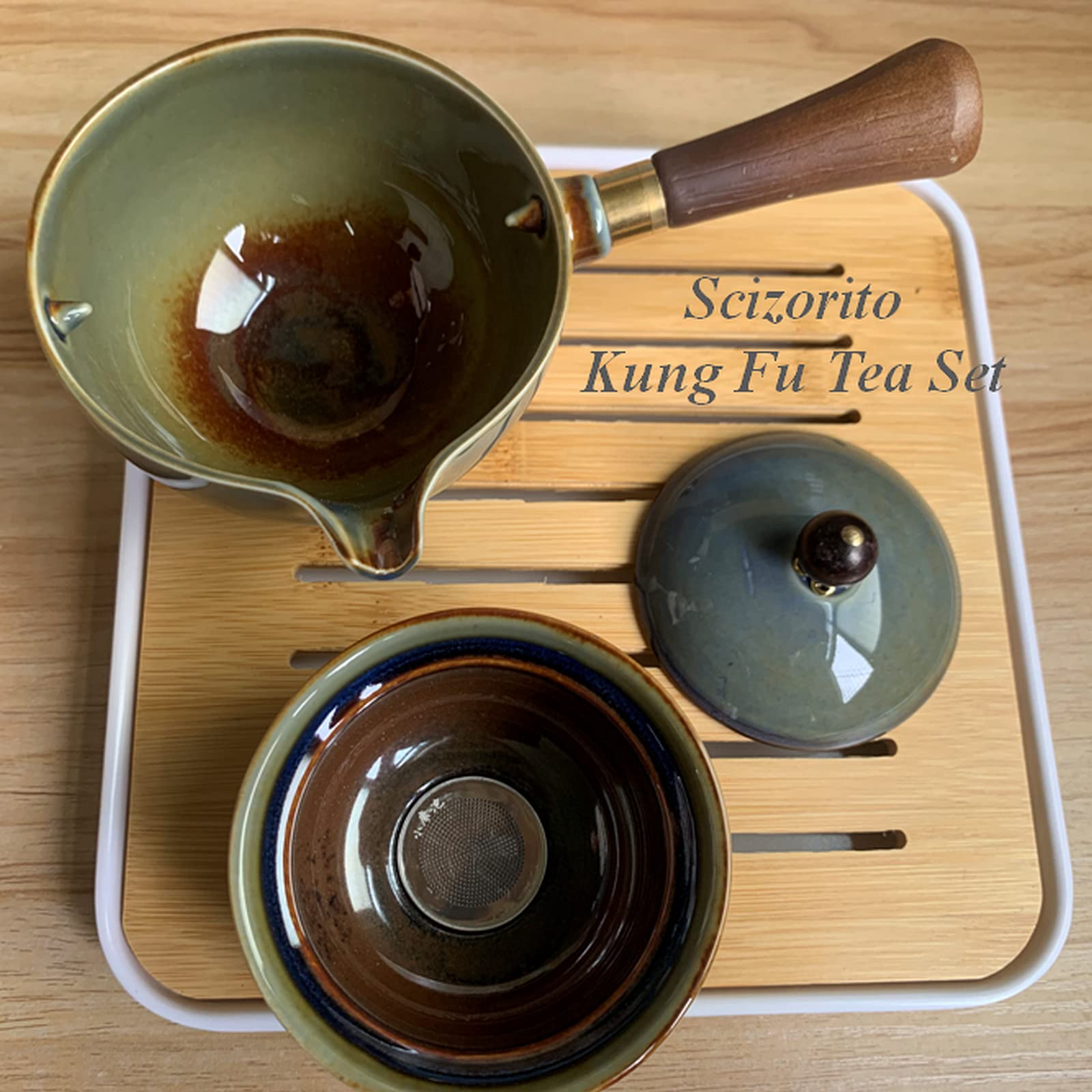 Premium Ceramic Travel Tea Set - 360° Rotating Teapot with Infuser, 4 Cups & Bamboo Tray - Portable Chinese Kungfu Tea Gift Set with Carrying Case (Kiln Fired) - Perfect for Camping, Office & Home Tea Ceremonies