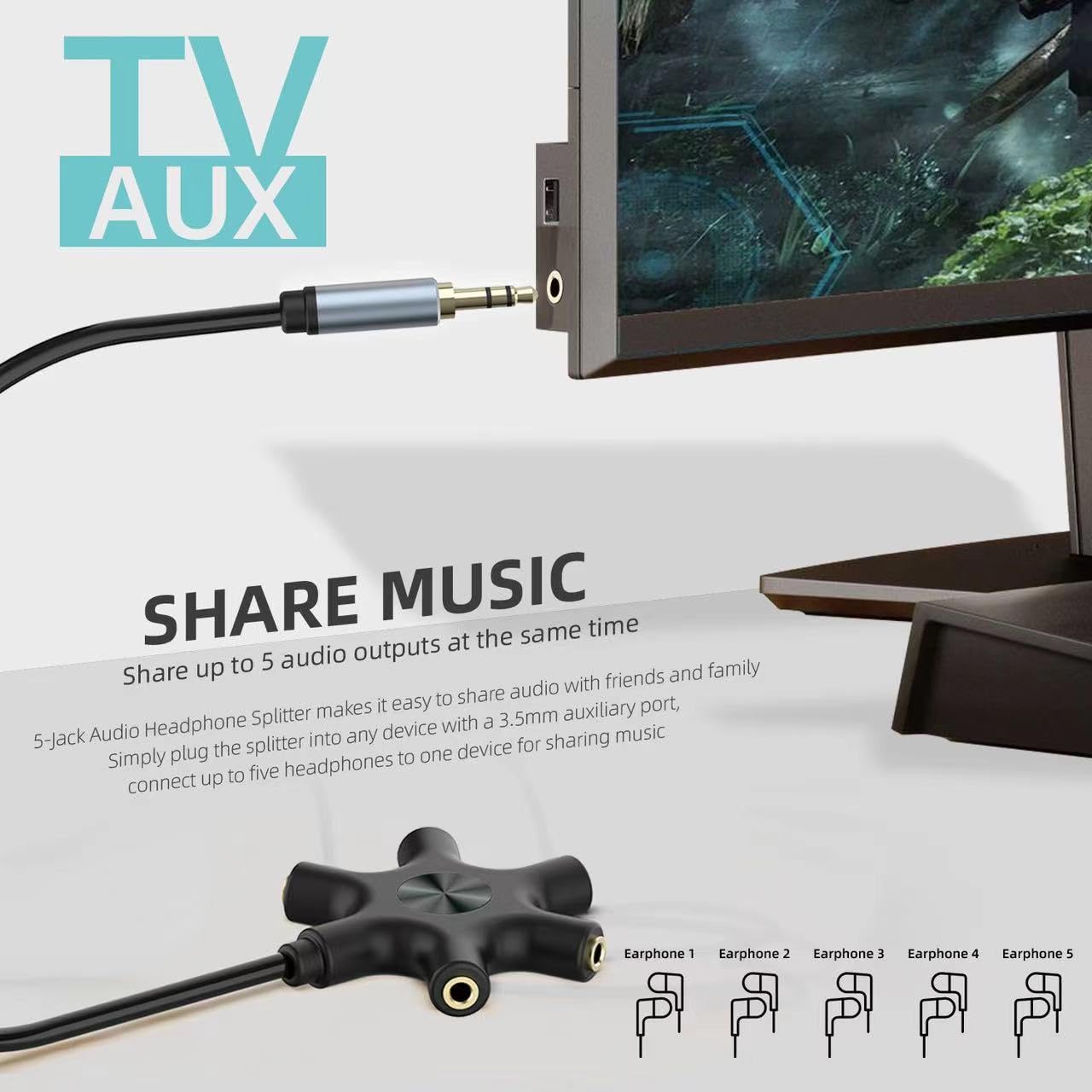 5-Way 3.5mm Headphone Audio Splitter - Multi Device Stereo Headset Adapter for iPhone, iPad, Gaming & Music Sharing - Perfect for Group Listening, Podcasts & Classroom Use