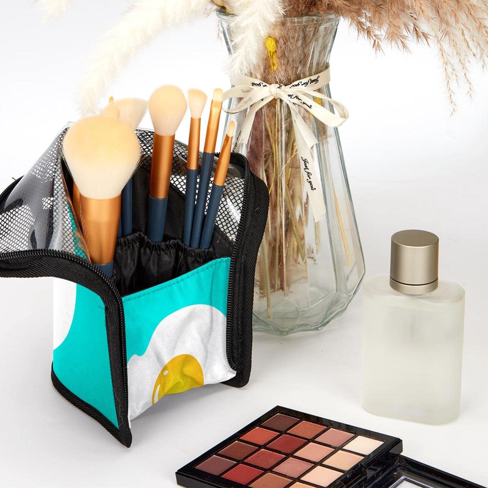 Egg Cartoon Style Makeup Brush Organizer Bag with 12 Slots - Portable Travel Makeup Brush Holder Case for Professional & Home Use - Perfect for Makeup Artists, Travelers & Daily Beauty Routine