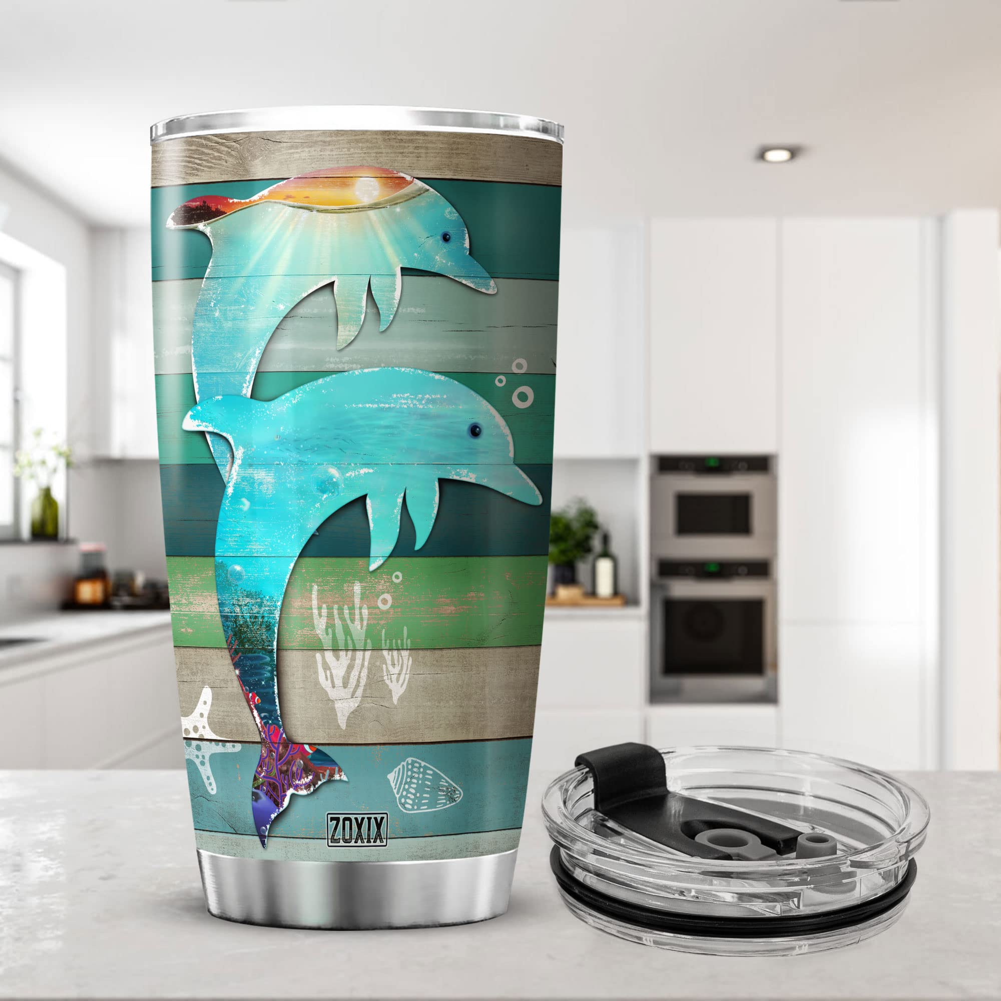 ZOXIX Vintage Dolphin Tumbler 20oz - Insulated Stainless Steel Coffee Cup with Lid - Ocean Inspired Travel Mug for Women & Girls - Perfect for Beach Trips, Office Use & Gifts