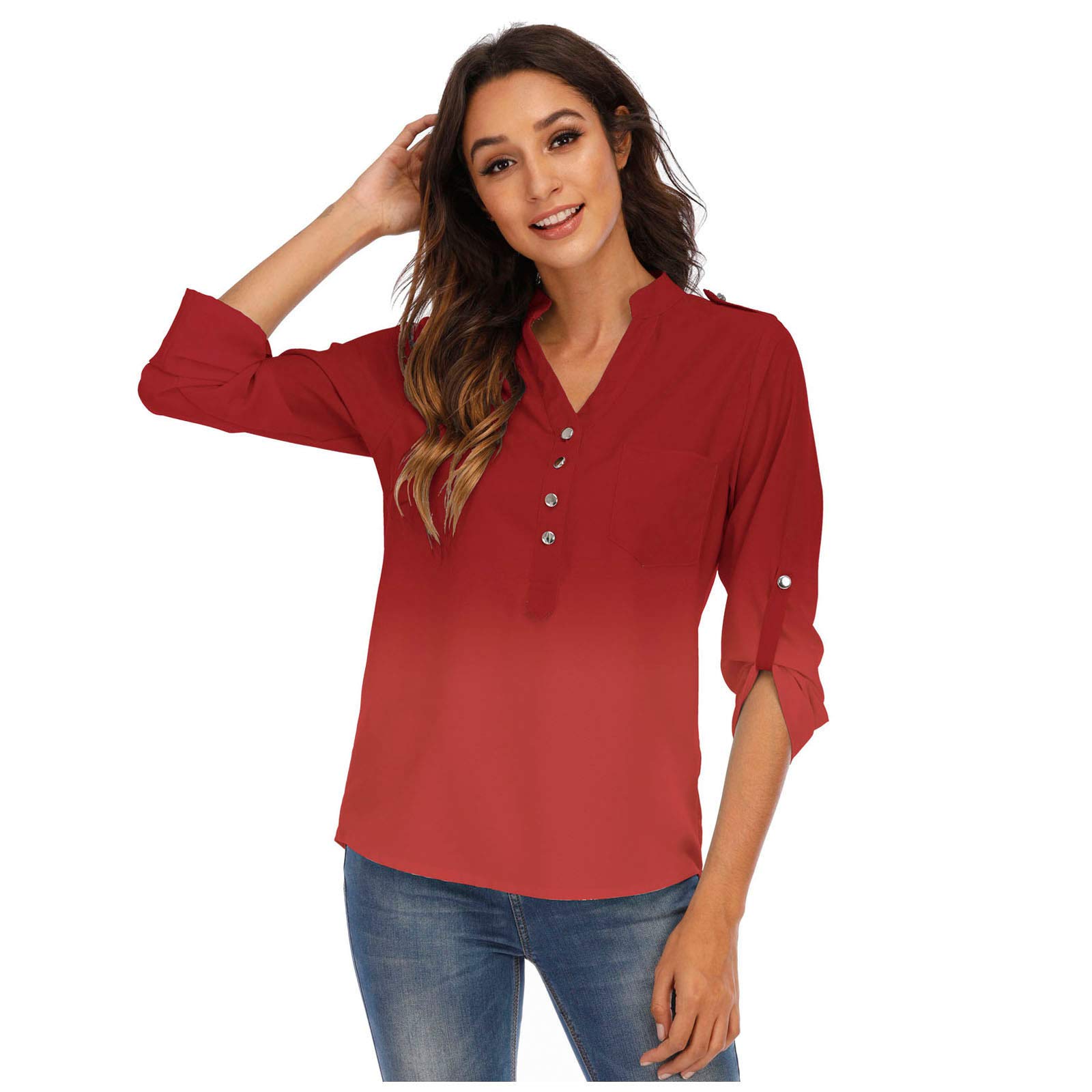 Women's Floral V-Neck Casual Blouse - Short & Long Sleeve Button Up Tunic Top for Work, Date Night & Everyday Wear | Comfortable & Stylish Women's Shirts