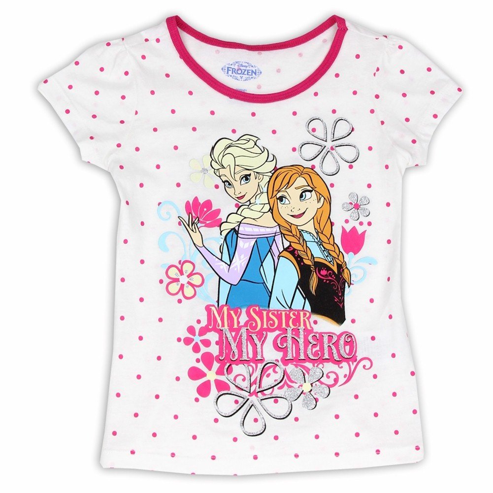 Disney Frozen Girls My Sister My Hero White & Pink Polka Dot Short Sleeve T-Shirt | Cute Cartoon Character Tee for Kids | Birthday Gift, Playdate Outfit, Disney Theme Party
