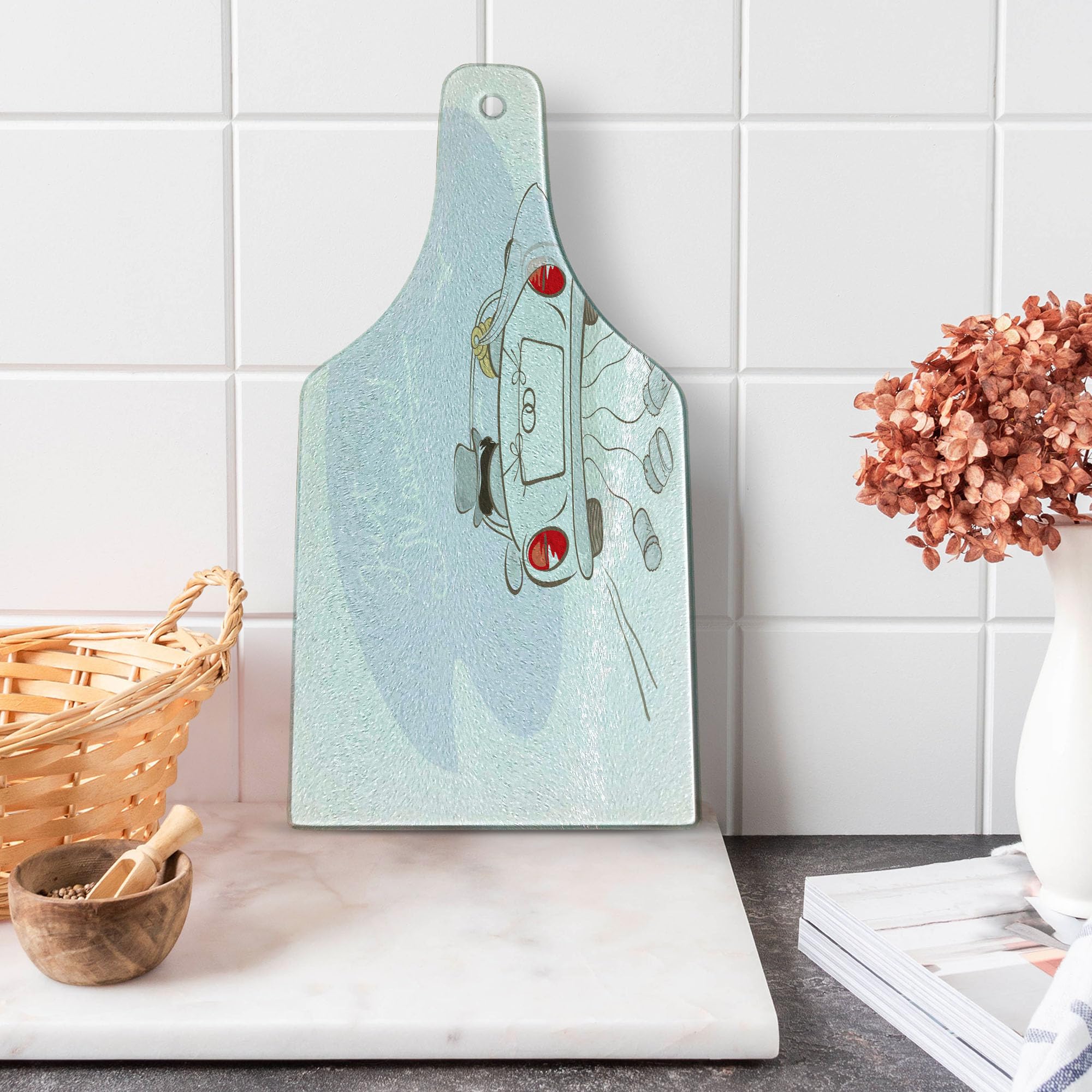 Ambesonne Wedding Cutting Board - Just Married Retro Design with Bride & Groom in Car - Tempered Glass Serving Board for Wine & Cheese - Perfect for Bridal Showers, Anniversaries & Newlywed Gifts (Silver, Red, White)