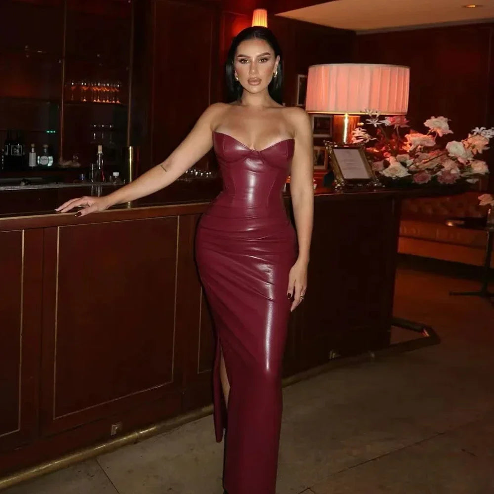 **2024 New Strapless Wine PU Corset Dress for Women - Sexy Midi Bodycon Party & Night Event Dress - Perfect for Cocktail Parties, Date Nights & Evening Occasions**