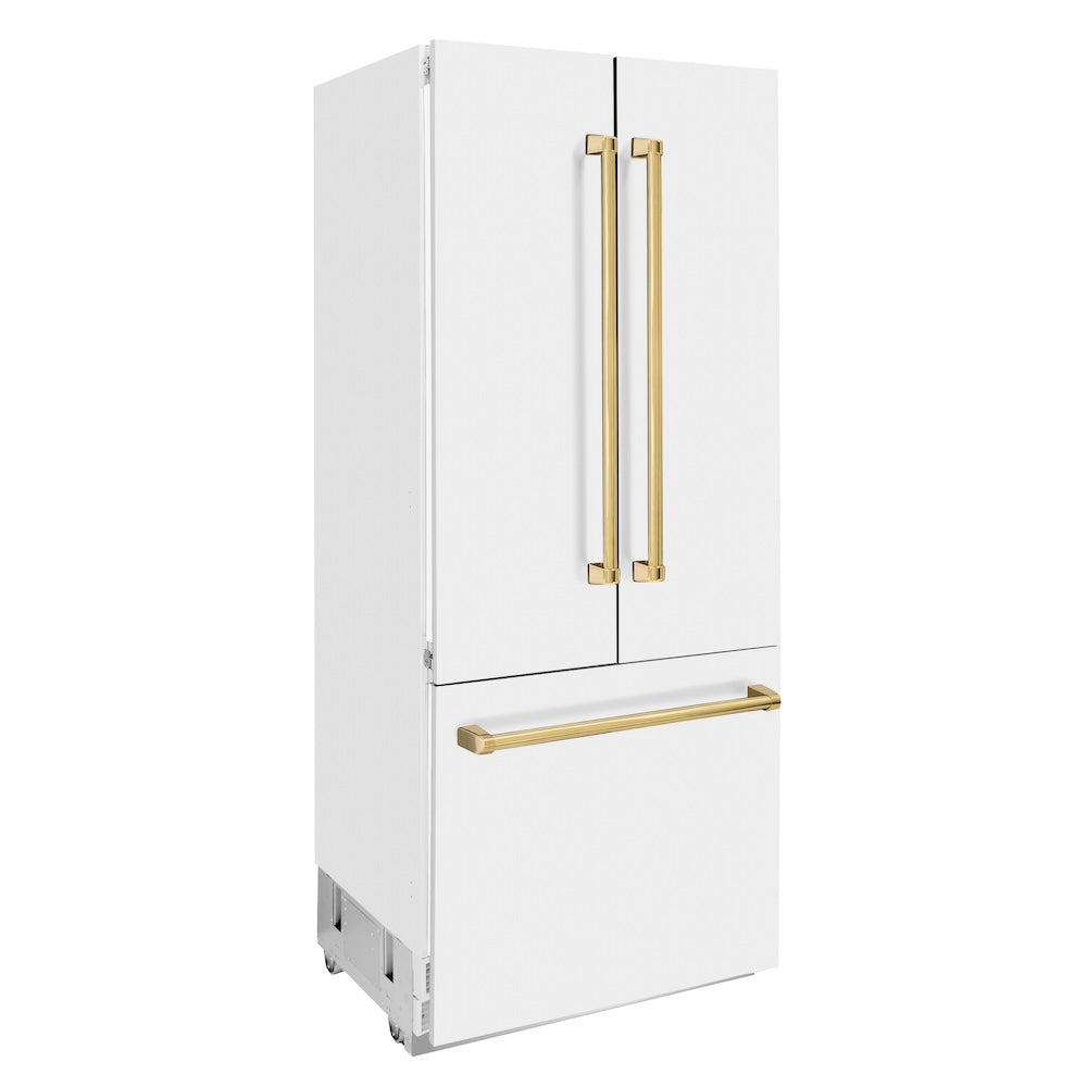 ZLINE Autograph Edition 36 Inch 19.6 Cu Ft French Door Built-In Bottom Freezer Refrigerator with Water Dispenser & Ice Maker - White Matte Finish with Polished Gold Accents (RBIVZ WM 36 G) | Premium Kitchen Appliance for Modern Homes & Luxury Condos