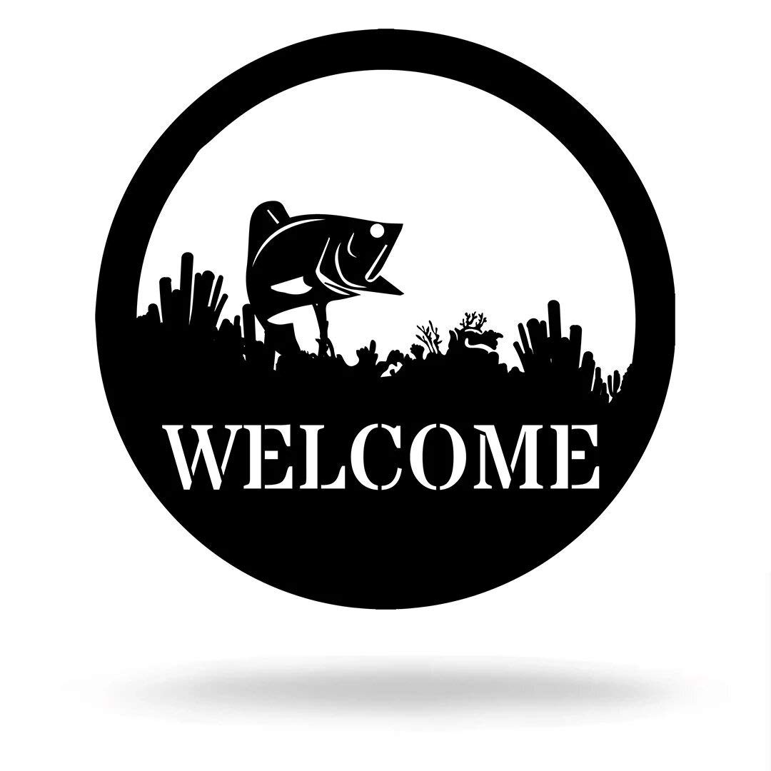 Steel Roots Decor Bass Welcome Sign - Laser Cut Metal Wall Art for Home & Office - Unique Fish-Themed Welcome Decor for Boys, Men, Girls & Women (Black, 12-inch) - Perfect for Living Room, Man Cave, or Fishing Enthusiast's Space