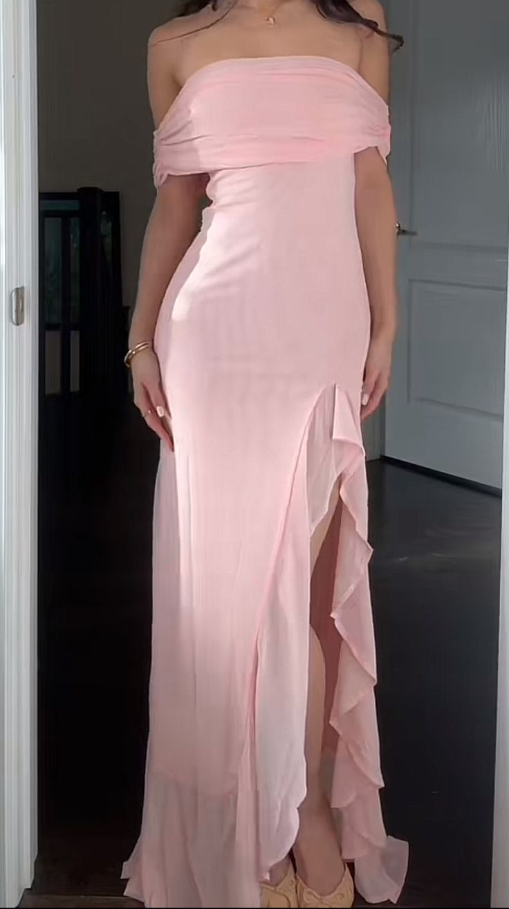 Elegant Off-The-Shoulder Pink Prom Dress with Ruffle Slit - Formal Evening Gown J6157 for Homecoming, Quinceañera & Special Occasions