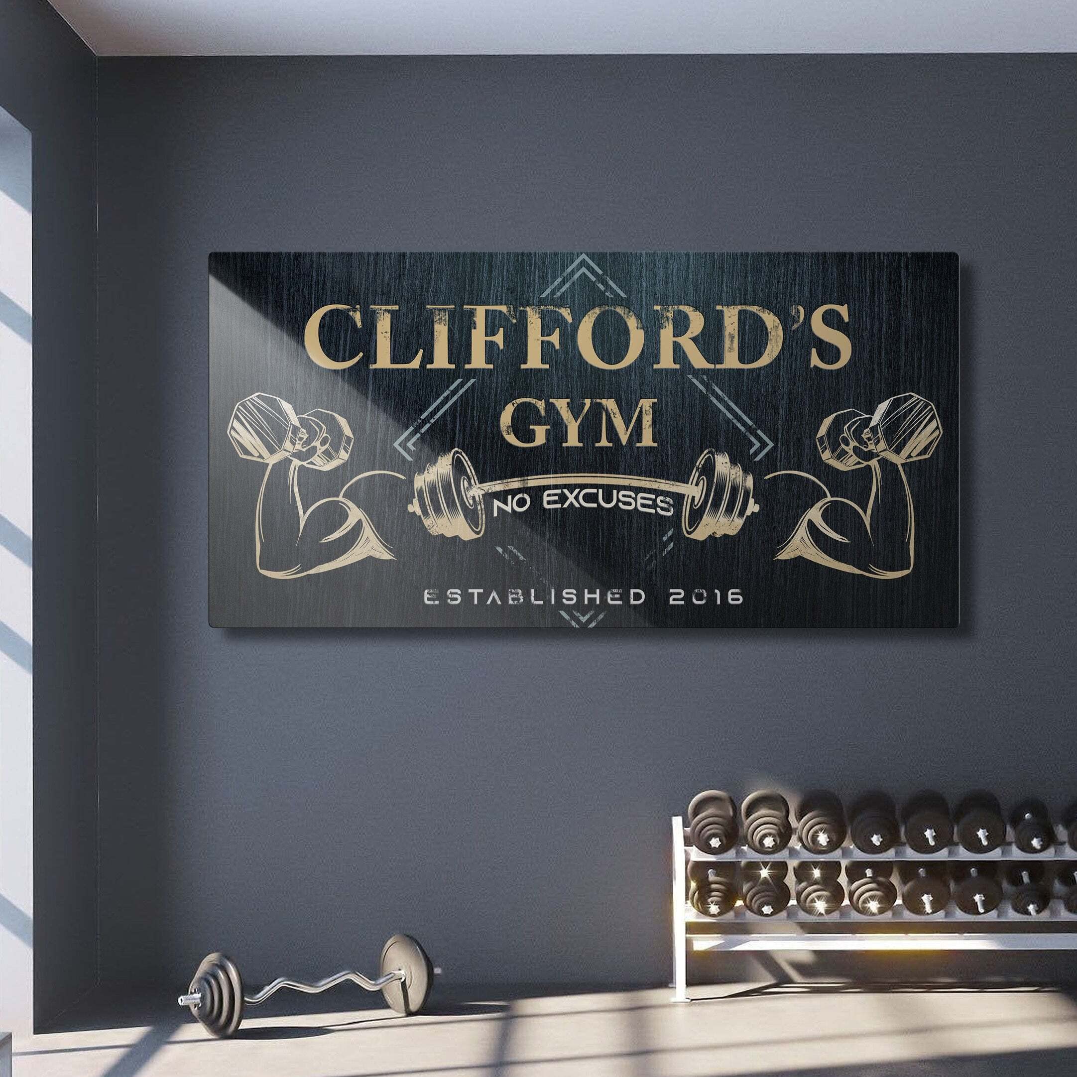Personalized Gym Sign Wall Art - Custom Motivational Canvas for Home Gym, Workout Room & Fitness Centers - 48x16in Inspirational Workout Poster with Gym Name on Charcoal Background - Perfect for Home Decor, Garage Gym & CrossFit Studios
