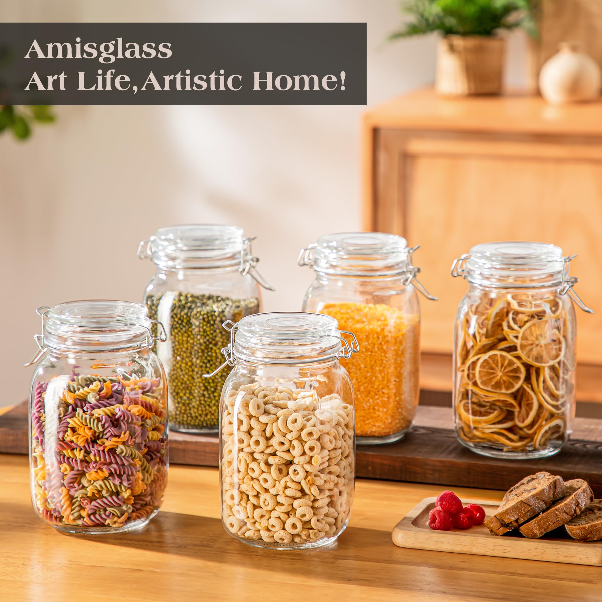 Amisglass 6-Piece 1.6 Liter Airtight Glass Jars with Leak-Proof Rubber Gasket & Hinged Lids - Perfect for Kitchen Pantry Organization, Dry Food Storage, Coffee Beans, Spices, and DIY Mason Jar Crafts