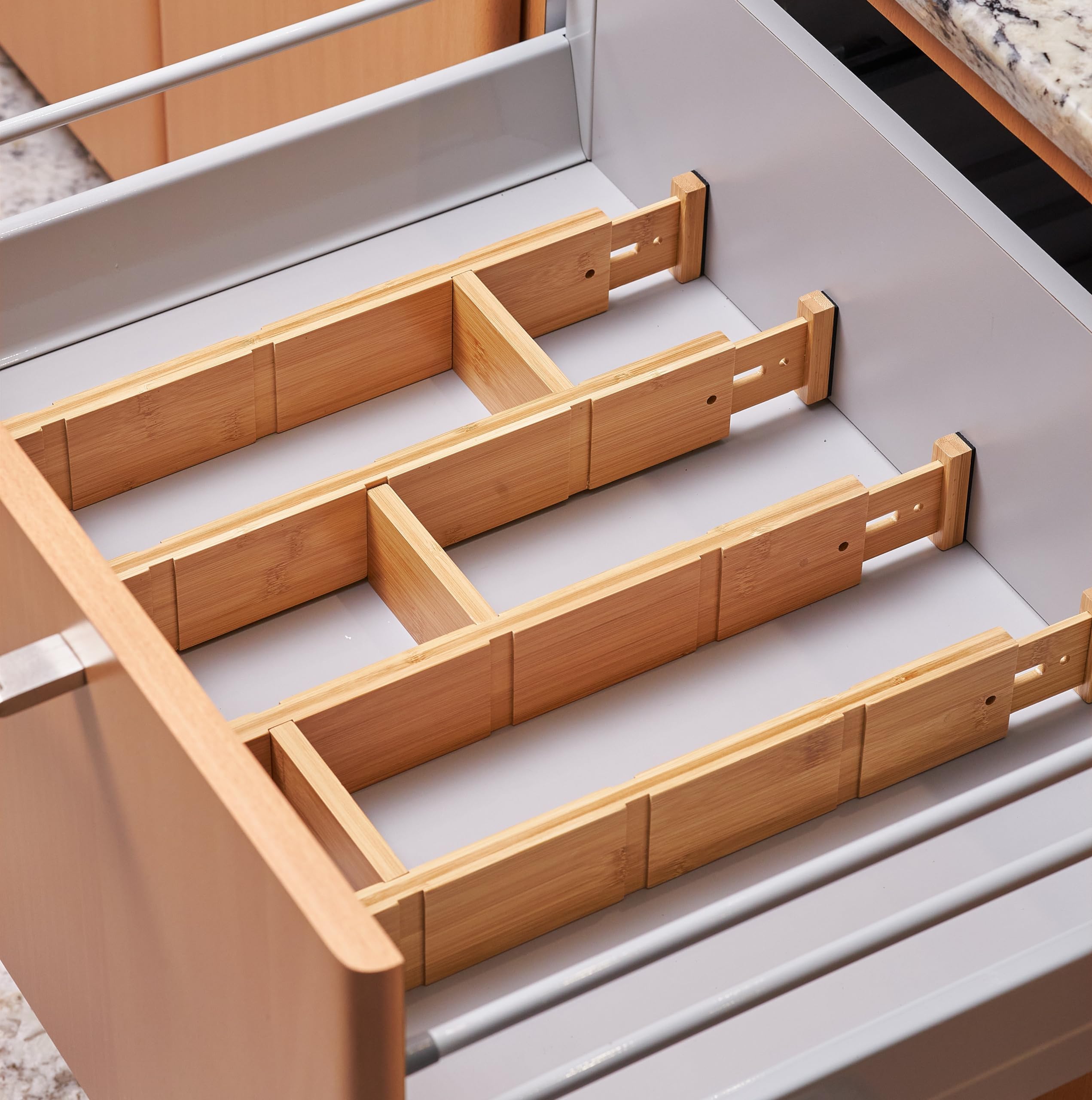 MariaMMDI Adjustable Bamboo Drawer Dividers - Versatile Drawer Organizer for Kitchen, Closet & Office - Perfect for Utensils, Socks, Underwear & Desk Supplies