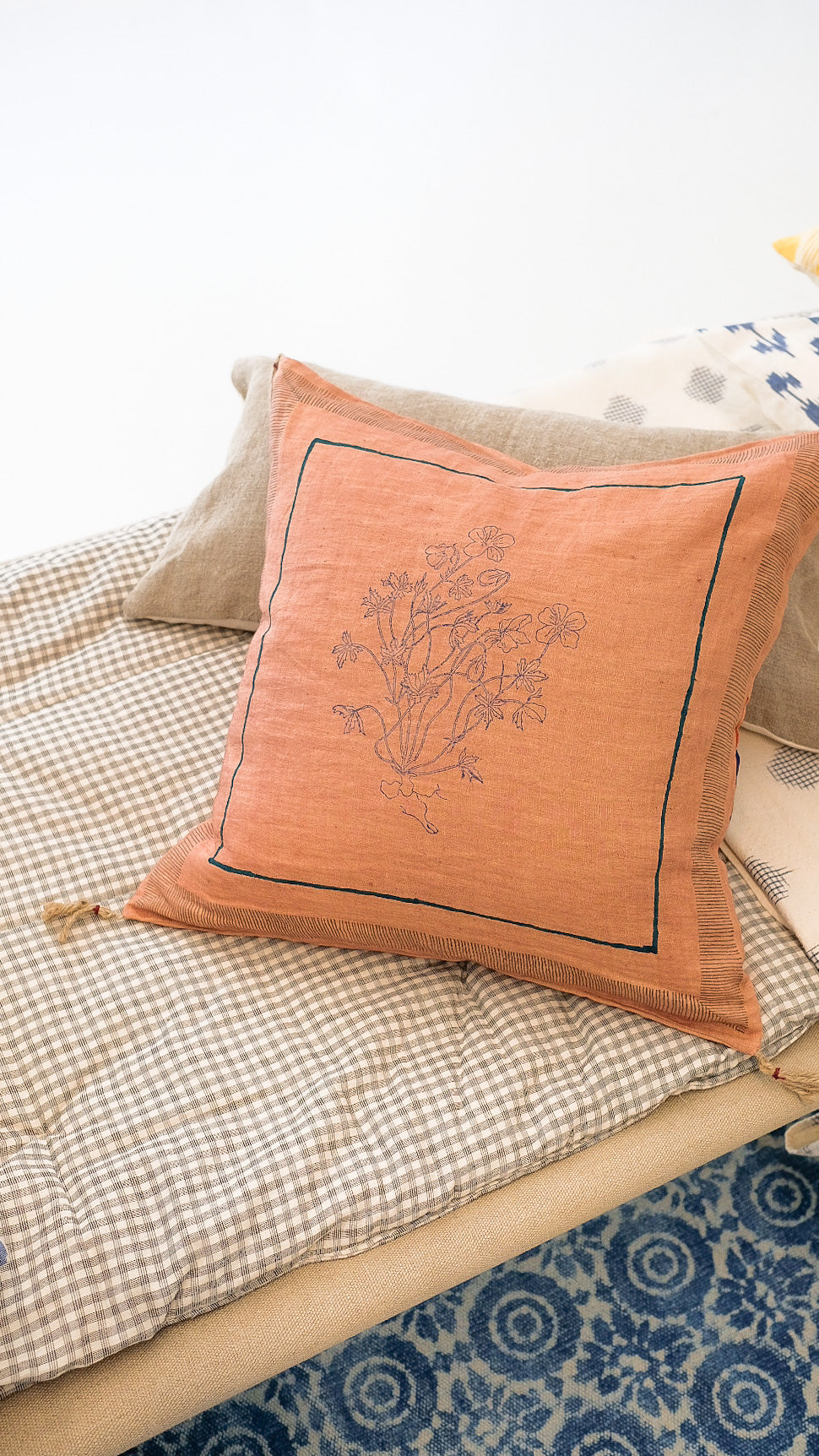 Chhavi Hand Blocked Linen Pillow Cover 16x16 Inch - Bohemian Home Decor for Living Room, Bedroom & Sofa