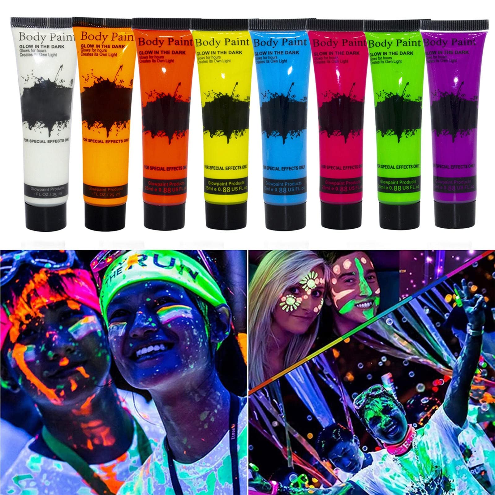 Glow in the Dark Body Paint - Neon Fluorescent Face & Body Paint for Halloween, UV Black Light Parties, Festivals & Cosplay - 6 Vibrant Colors (0.5oz Tubes) | Perfect for Night Events, Raves & Artistic Body Painting
