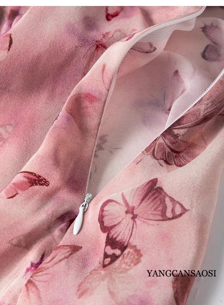 French Artistic Pink Purple Butterfly Print 1.2m Extended Hem 100% Mulberry Silk Women's Dress - Elegant Evening Gown for Weddings, Parties & Special Occasions