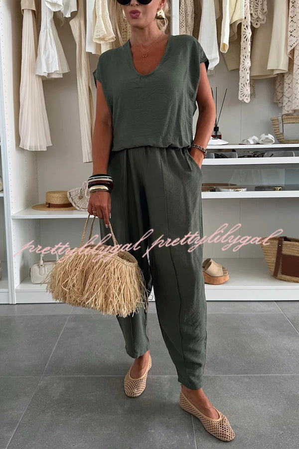Leva Linen Blend Drawstring Short Sleeve Top & Elastic Waist Pocket Loose Tapered Pants Set - Women's Casual Summer Outfit for Beach, Travel and Everyday Wear