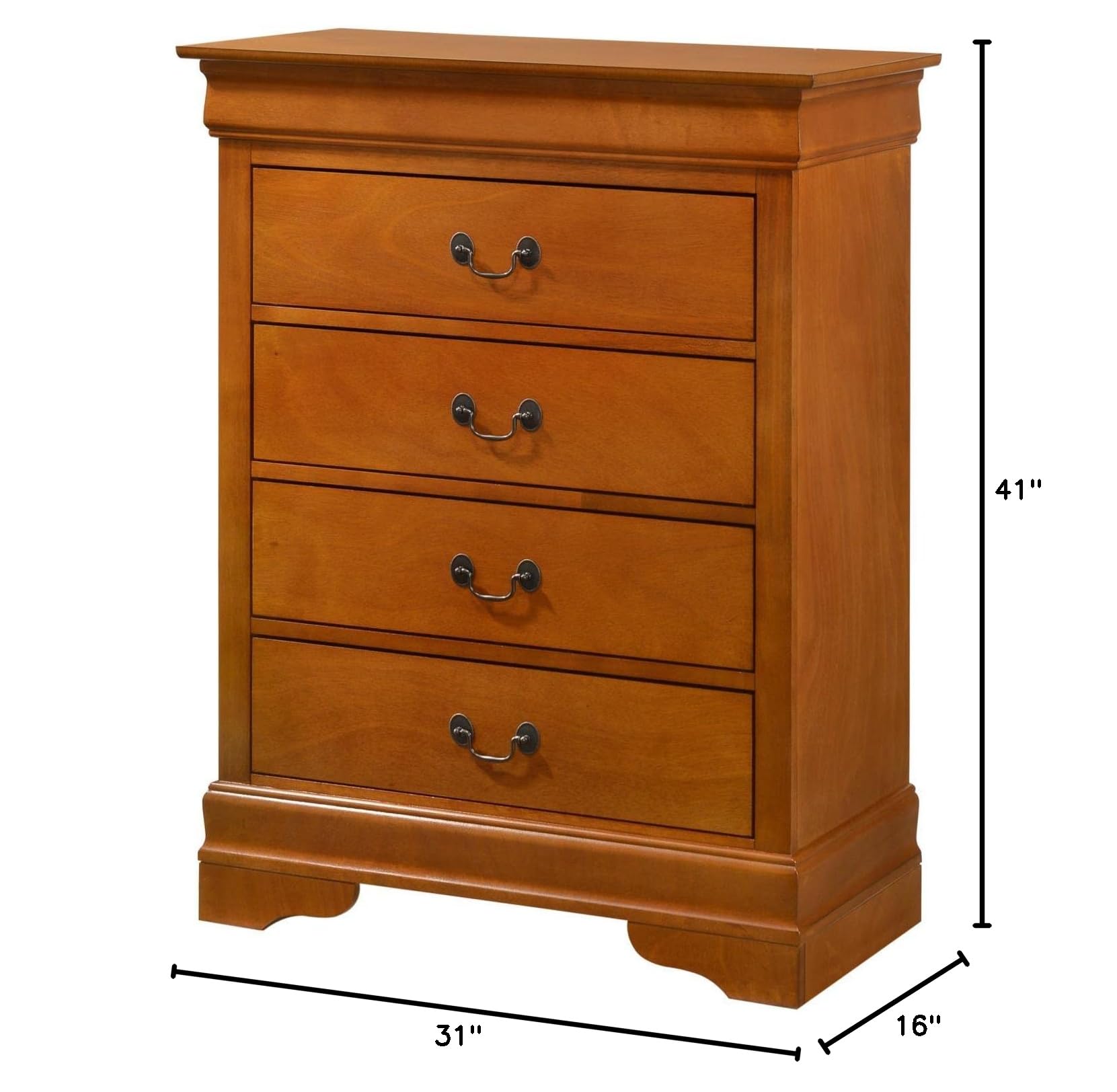 Glory Furniture Louis Phillipe Wood Veneer 4-Drawer Chest in Oak - Elegant Bedroom Storage Solution for Home Organization