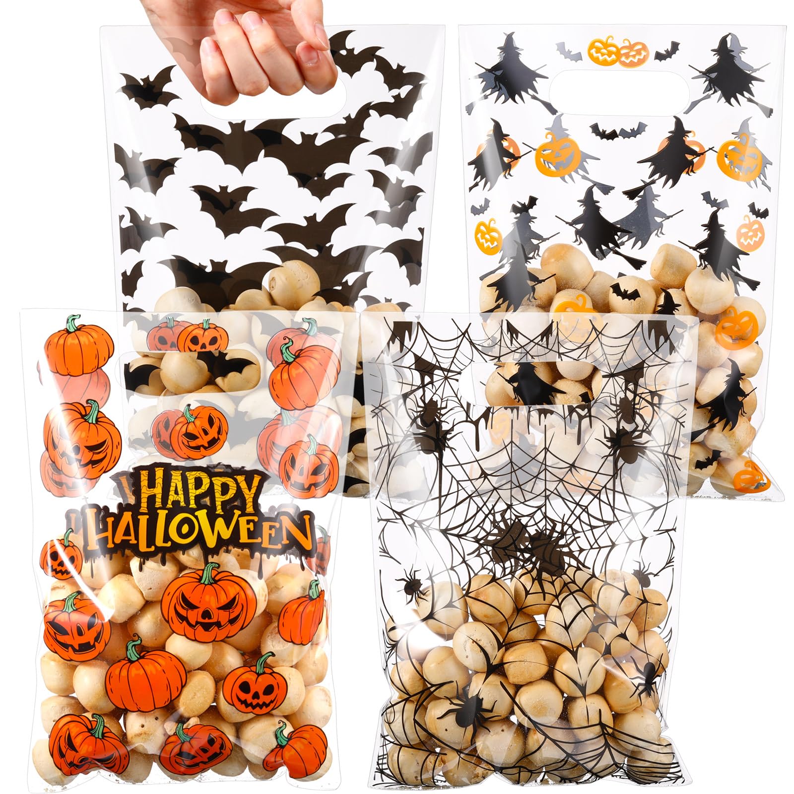100 Pcs Halloween Treat Bags - Clear Plastic Goodie Bags with Handles for Candy, Pumpkin & Ghost Design - Perfect for Kids Halloween Party Favors, Trick or Treat, Classroom Treats & Birthday Party Supplies