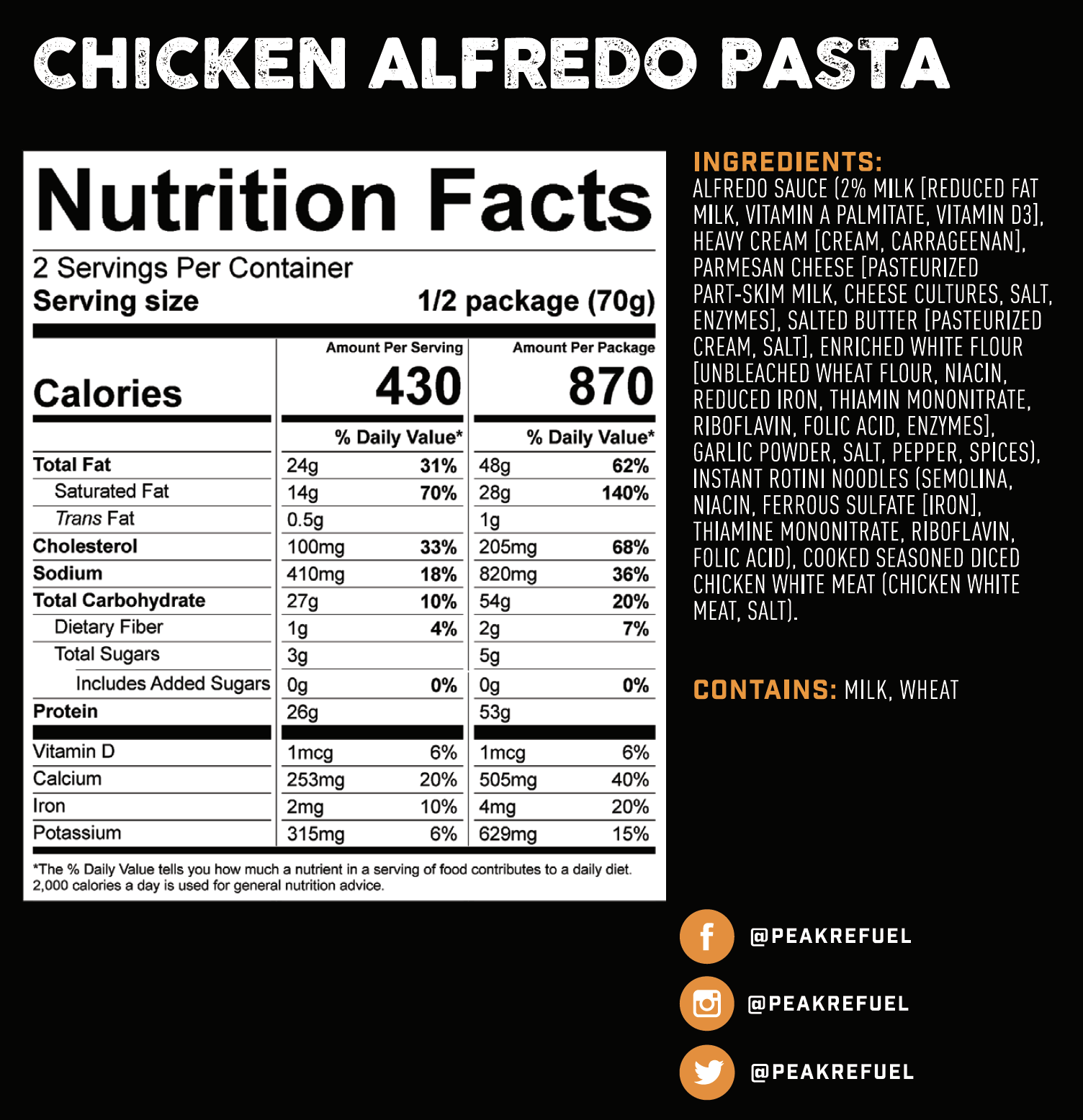 Peak Refuel Chicken Alfredo Pasta - Freeze Dried Backpacking & Camping Meal - High Protein, Lightweight & Easy Prep for Outdoor Adventures