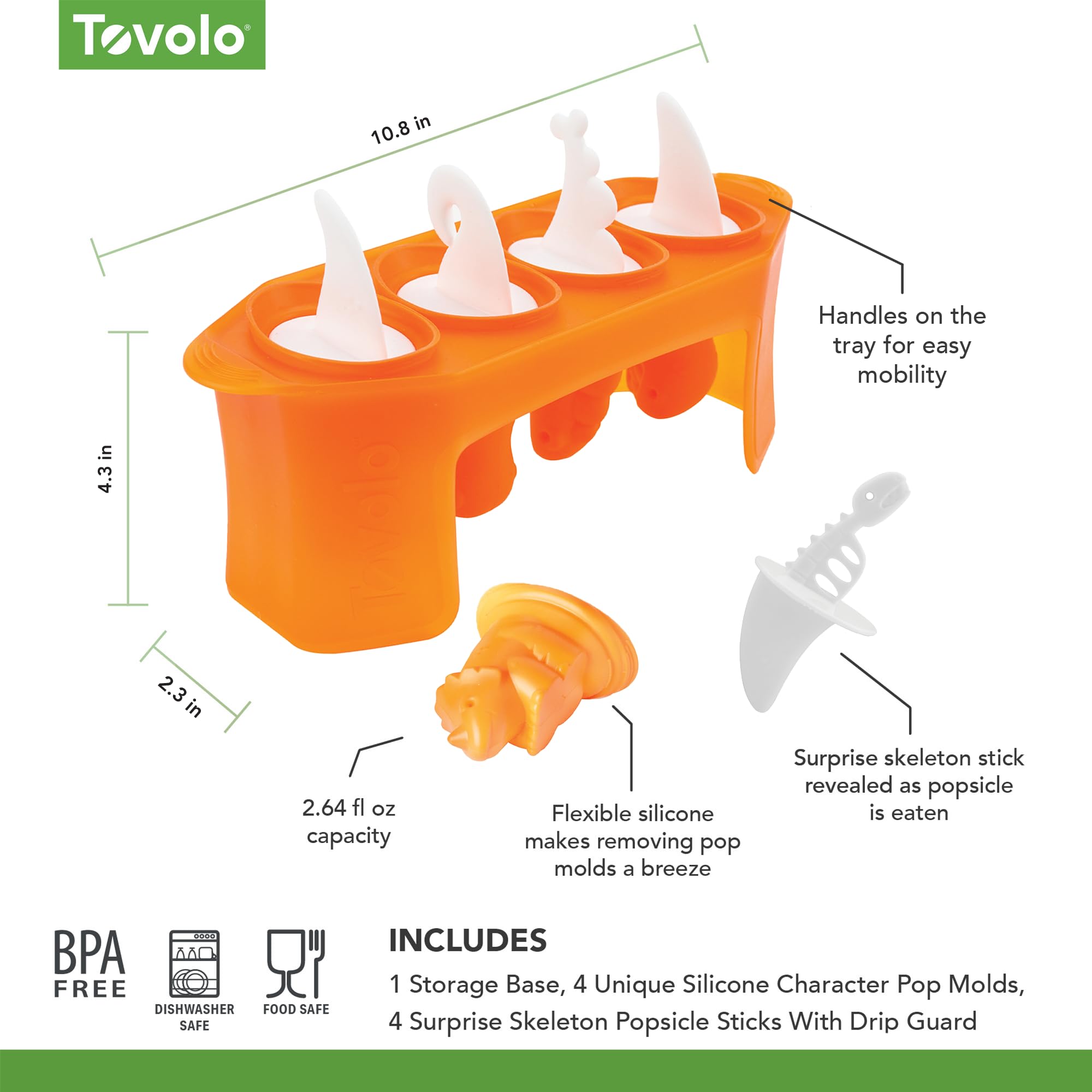 Tovolo Dinosaur Silicone Popsicle Molds with Sticks - 4 Cavity Ice Pop Maker for Homemade Frozen Treats, BPA-Free & Dishwasher Safe - Perfect for Kids Snacks, Summer Parties & Healthy Desserts