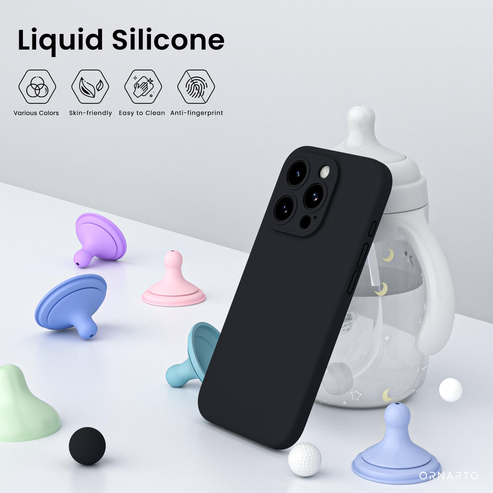 ORNARTO Shockproof Liquid Silicone Case for iPhone 15 Pro with 2 Pack Screen Protectors | Drop Protection Phone Cover | Slim Fit Durable Design | Perfect for Work, Travel & Outdoor Activities (Black)
