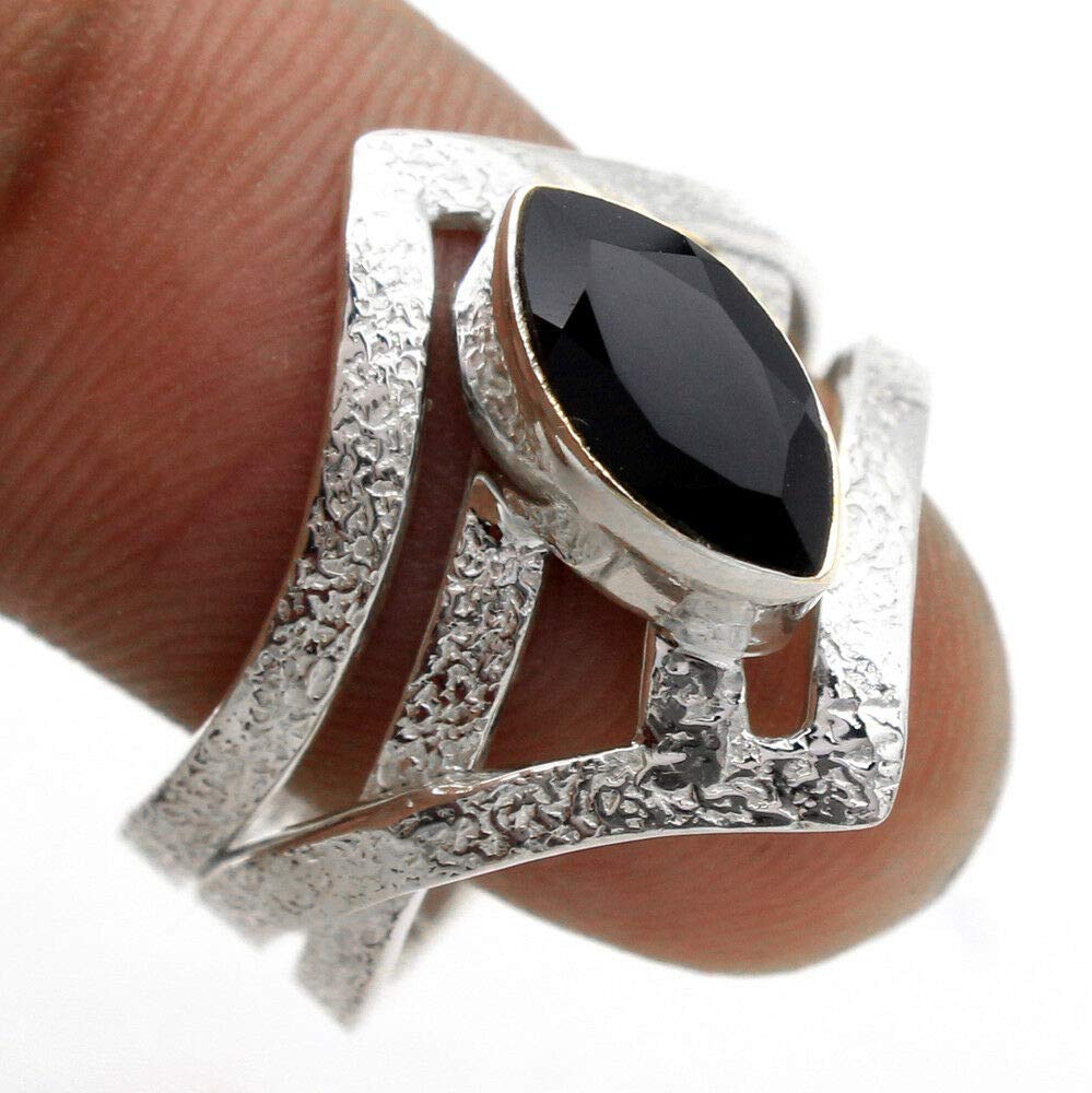 Black Onyx 925 Sterling Silver Rings for Women – Elegant Marquise Gemstone Bridesmaid Rings with Bezel Setting | Handmade Textured Jewelry for Weddings, Parties & Special Occasions