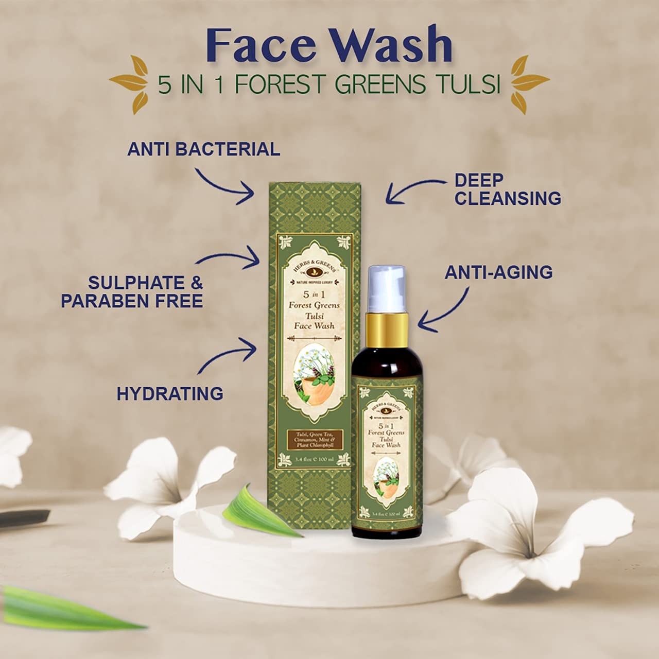 Herbs & Greens Forest Greens Tulsi Face Wash - Anti Acne & Pimple Treatment, Oil Control, Skin Repair & Brightening (200g) | For Oily & Acne-Prone Skin | Daily Cleansing & Purifying