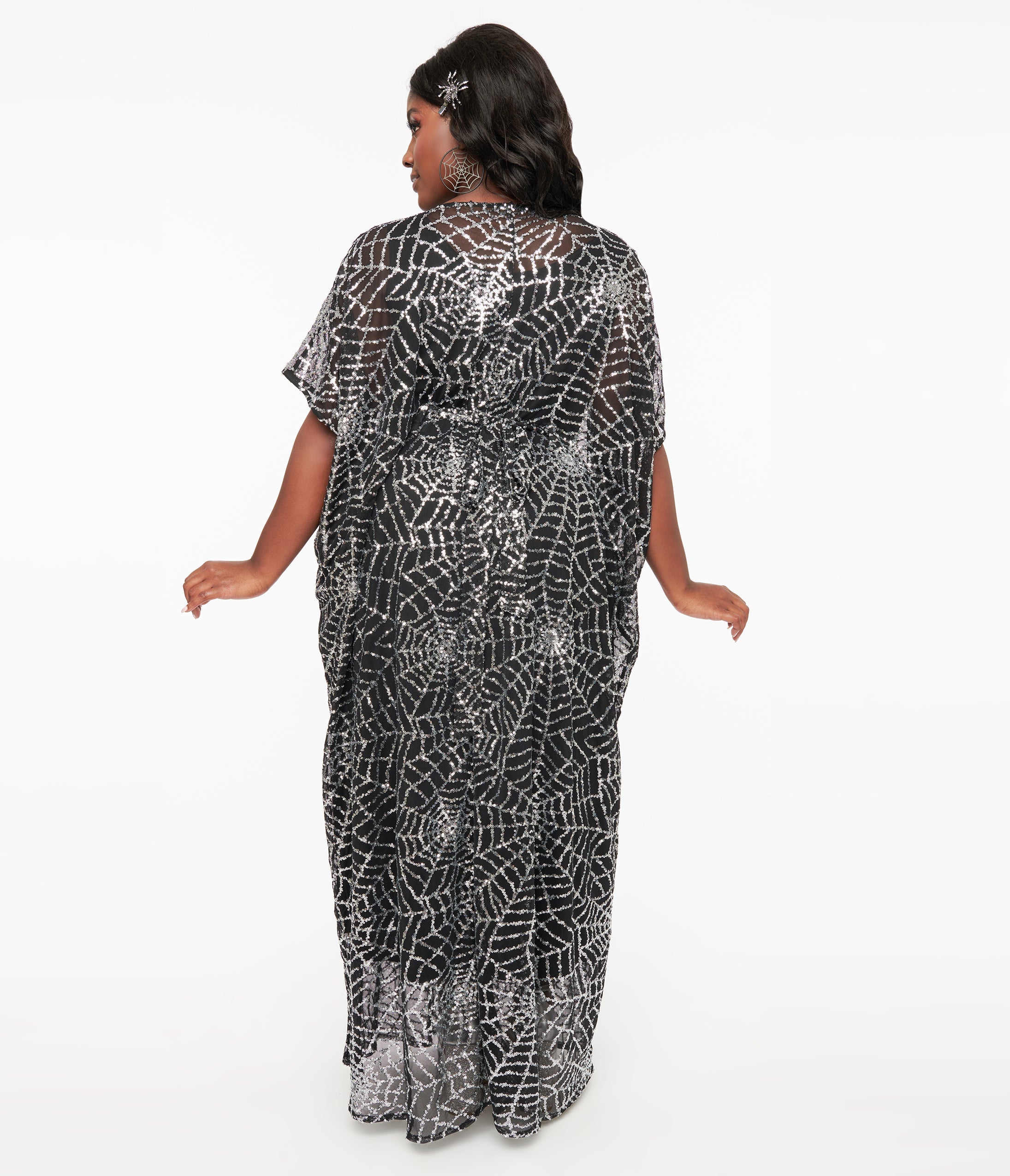 Vintage Black & Silver Sequin Spider Web Burton Caftan Dress - Gothic Halloween Costume, Party Wear & Boho Maxi Dress for Women