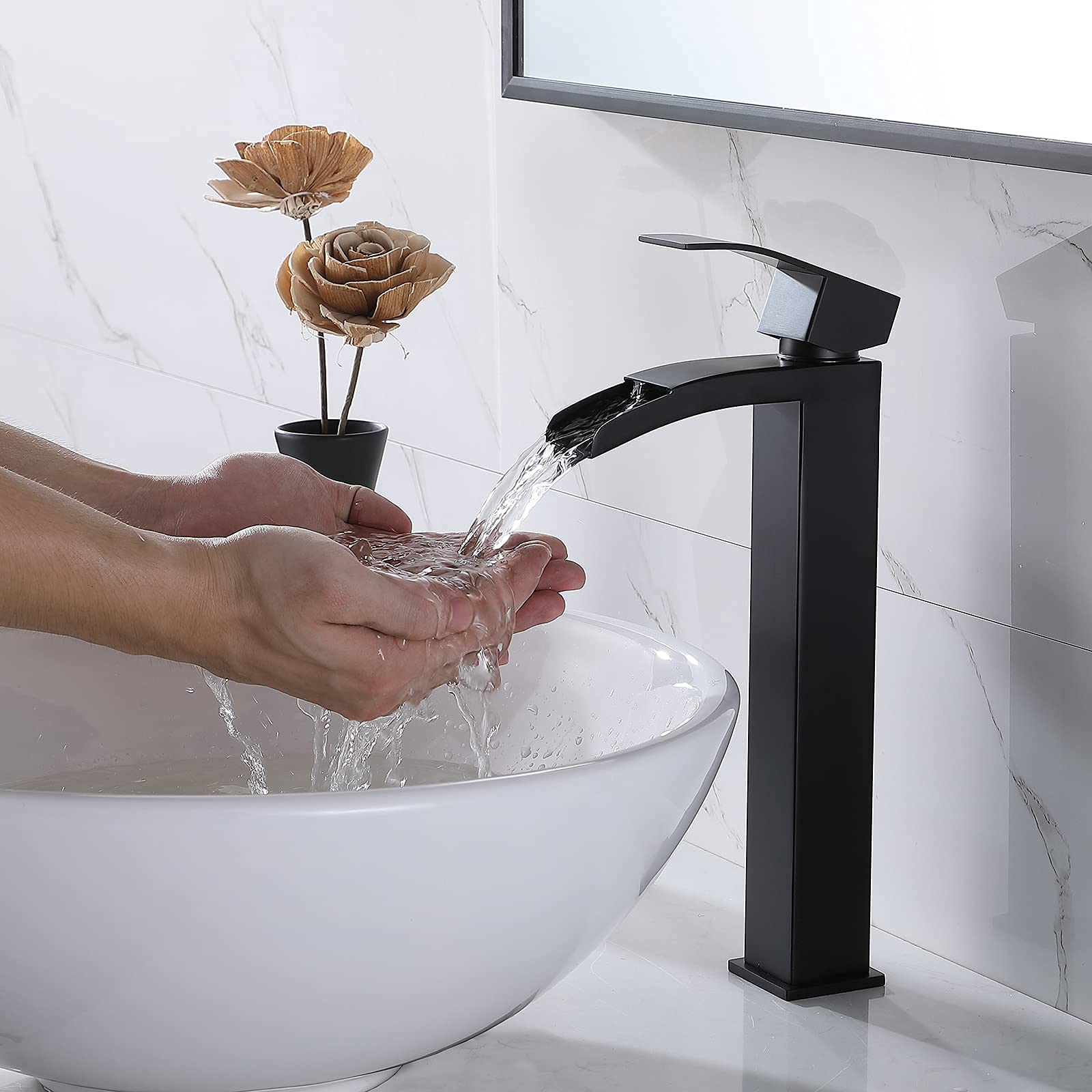 Black Single Handle Waterfall Vessel Sink Faucet with Pop-Up Drain - Tall RV Bathroom Faucet for Vanity Sink, Includes Two 3/8