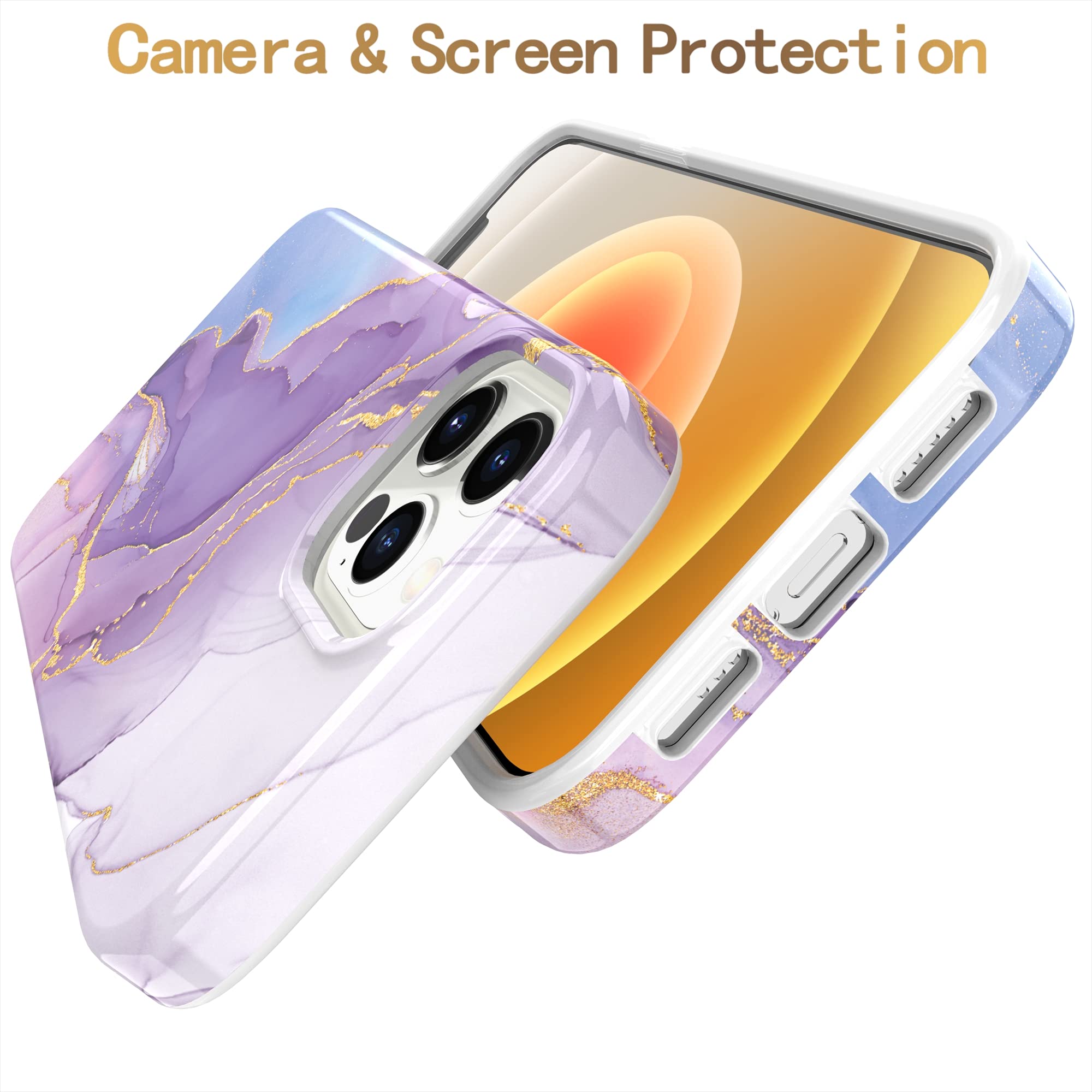BAISRKE iPhone 12 Pro Max Case 6.7 Inch - Sparkle Glitter Marble Design, Shockproof Flexible TPU Cover with Soft Bumper, Gold & Ornate Purple for Women | Perfect for Everyday Use, Office, and Special Occasions