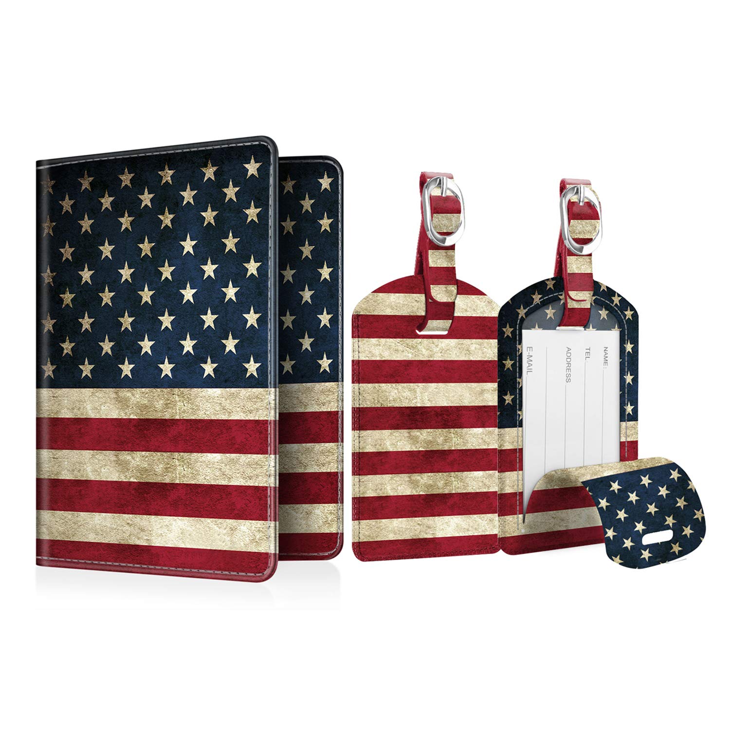 Fintie RFID Blocking Passport Holder & Luggage Tag Set - Travel Wallet Organizer with ID Labels for Passport, Suitcase & Bags (US Flag Design) - Perfect for International Travel, Business Trips & Vacation Security