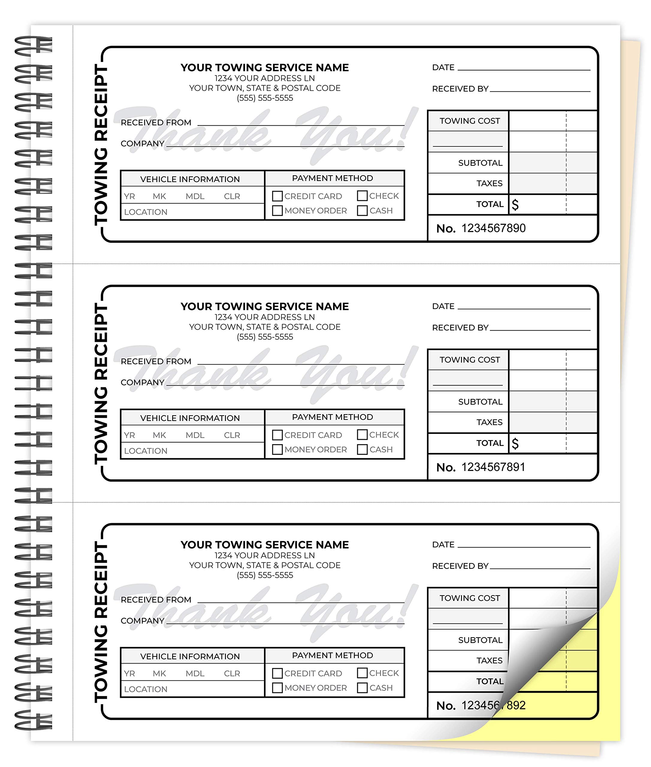 Custom Printed NCR 2-Part Carbonless Towing Invoice Receipt Books - 8.5